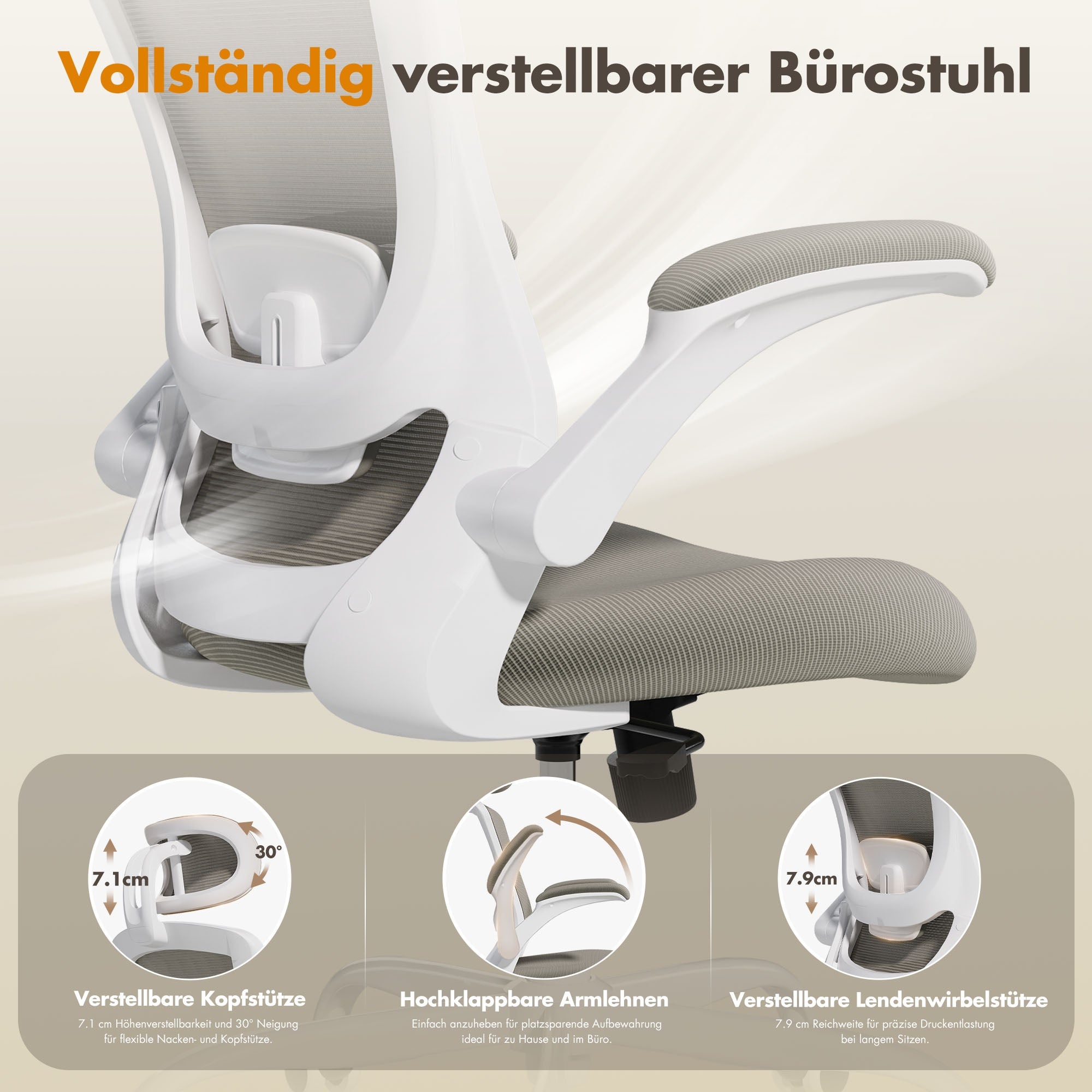 Ein weißer Bürostuhl mit verstellbarer Kopfstütze, Armlehnen und Lendenwirbelstütze.