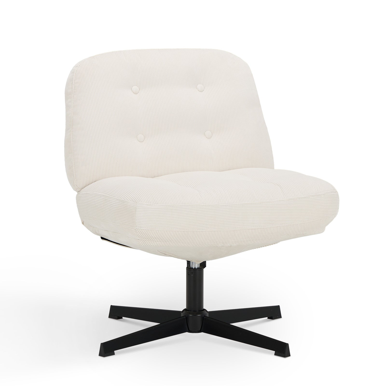 Ein cremefarbener Cord-Sessel mit vier schwarzen Beinen und Knopfpolsterung.