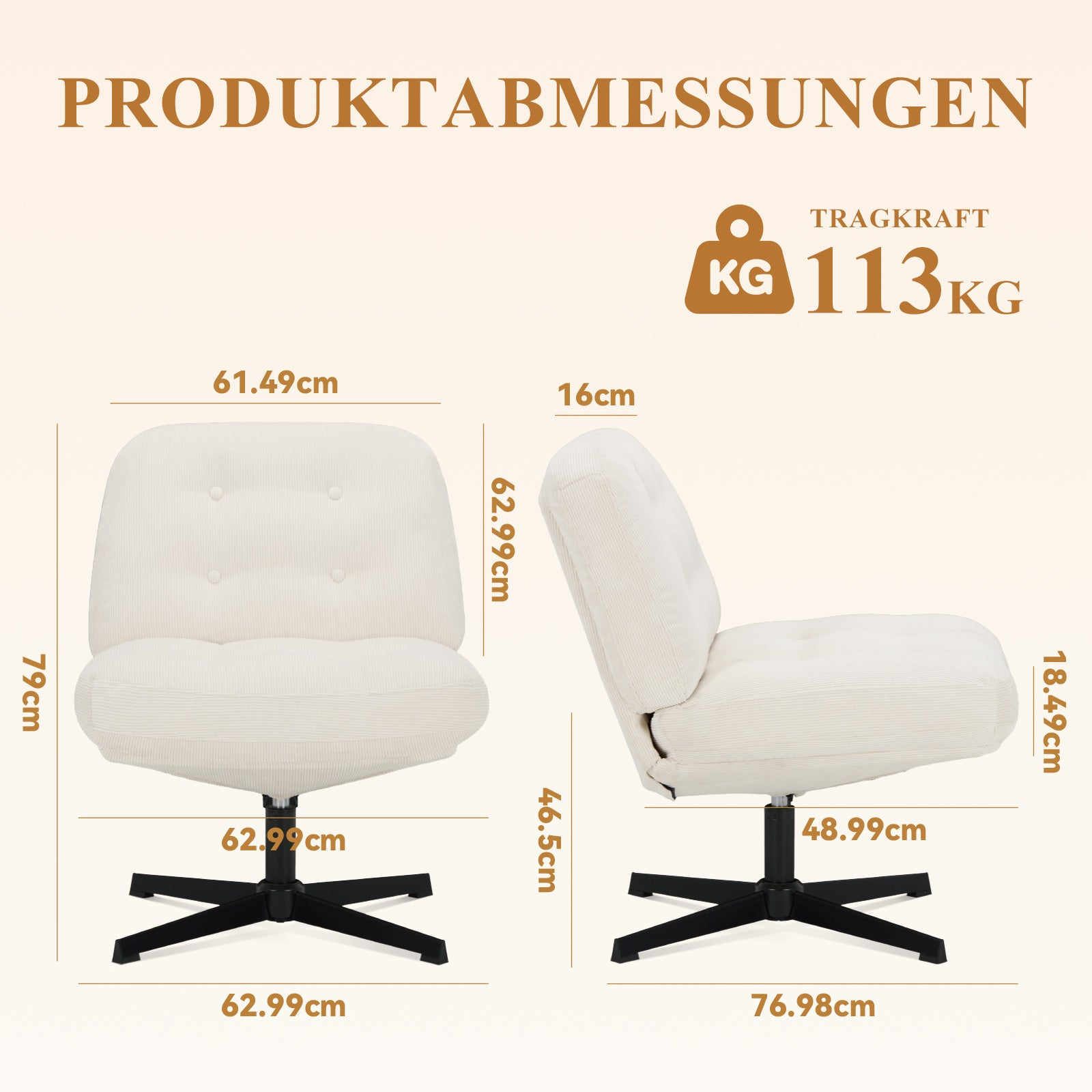 Ein cremefarbener Drehstuhl mit Maßen und einer Tragkraft von 113 kg.