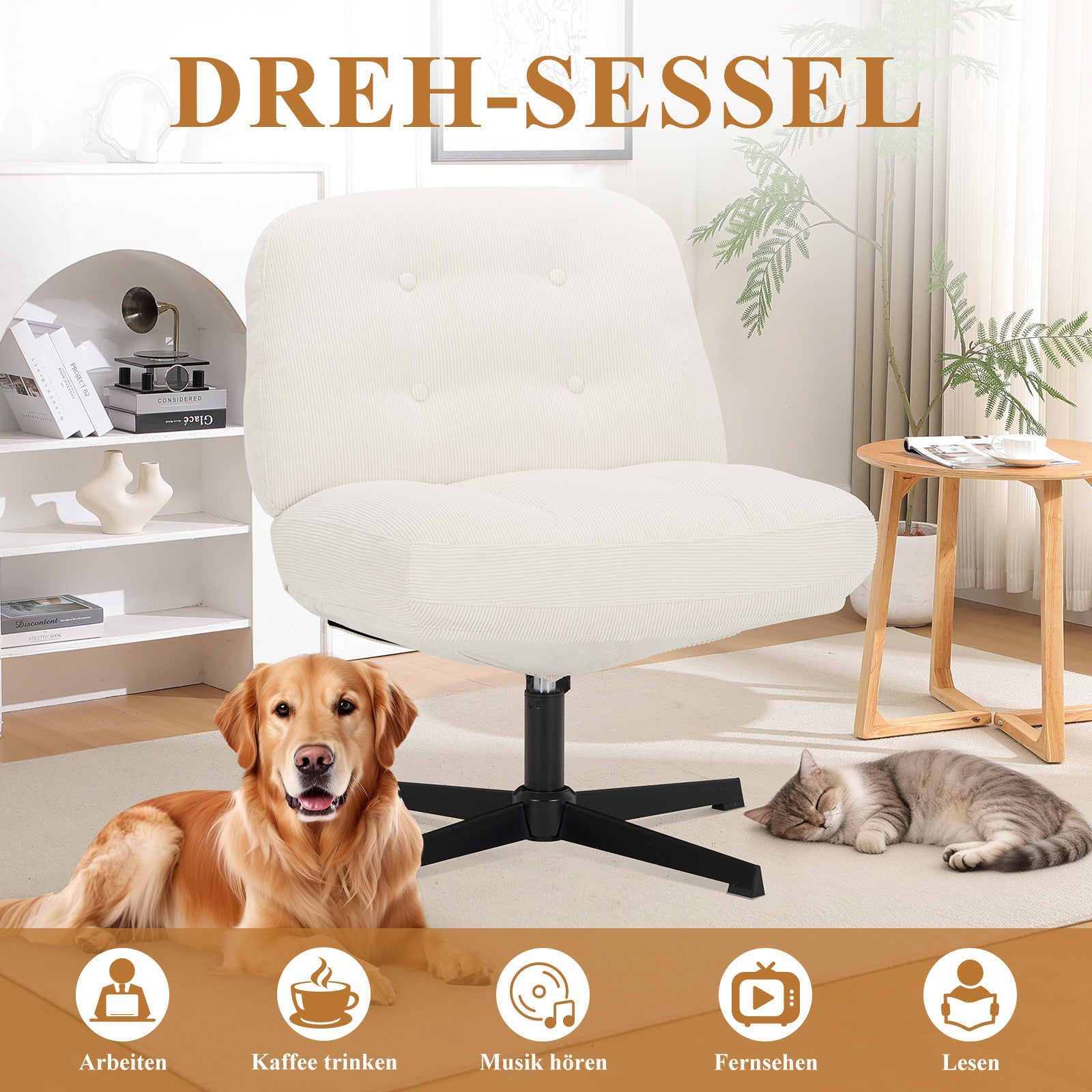 Ein weißer Drehstuhl steht neben einem Hund und einer Katze.