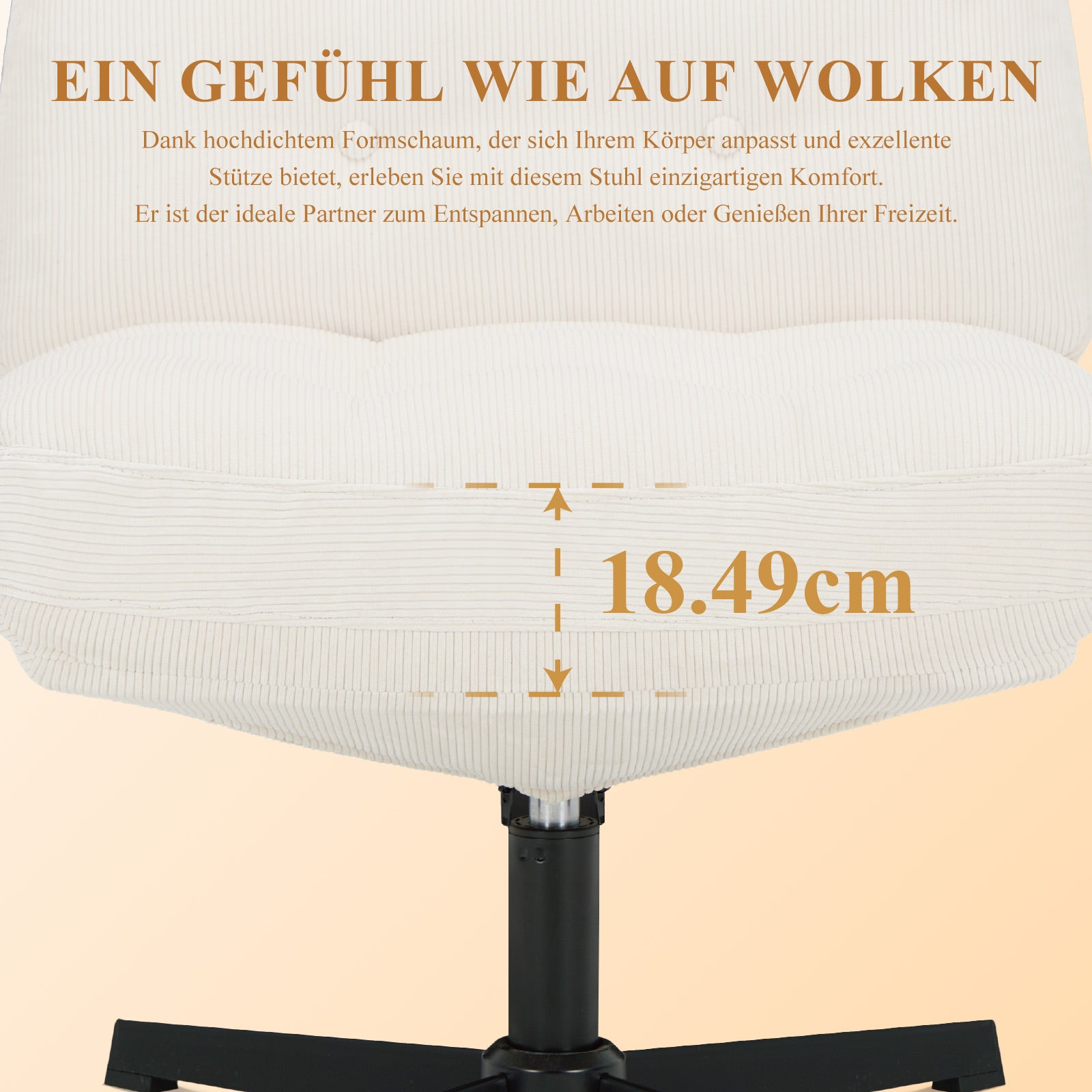 Ein weißer Bürostuhl mit Bezug aus Cordstoff, 18,49cm Sitzhöhe.