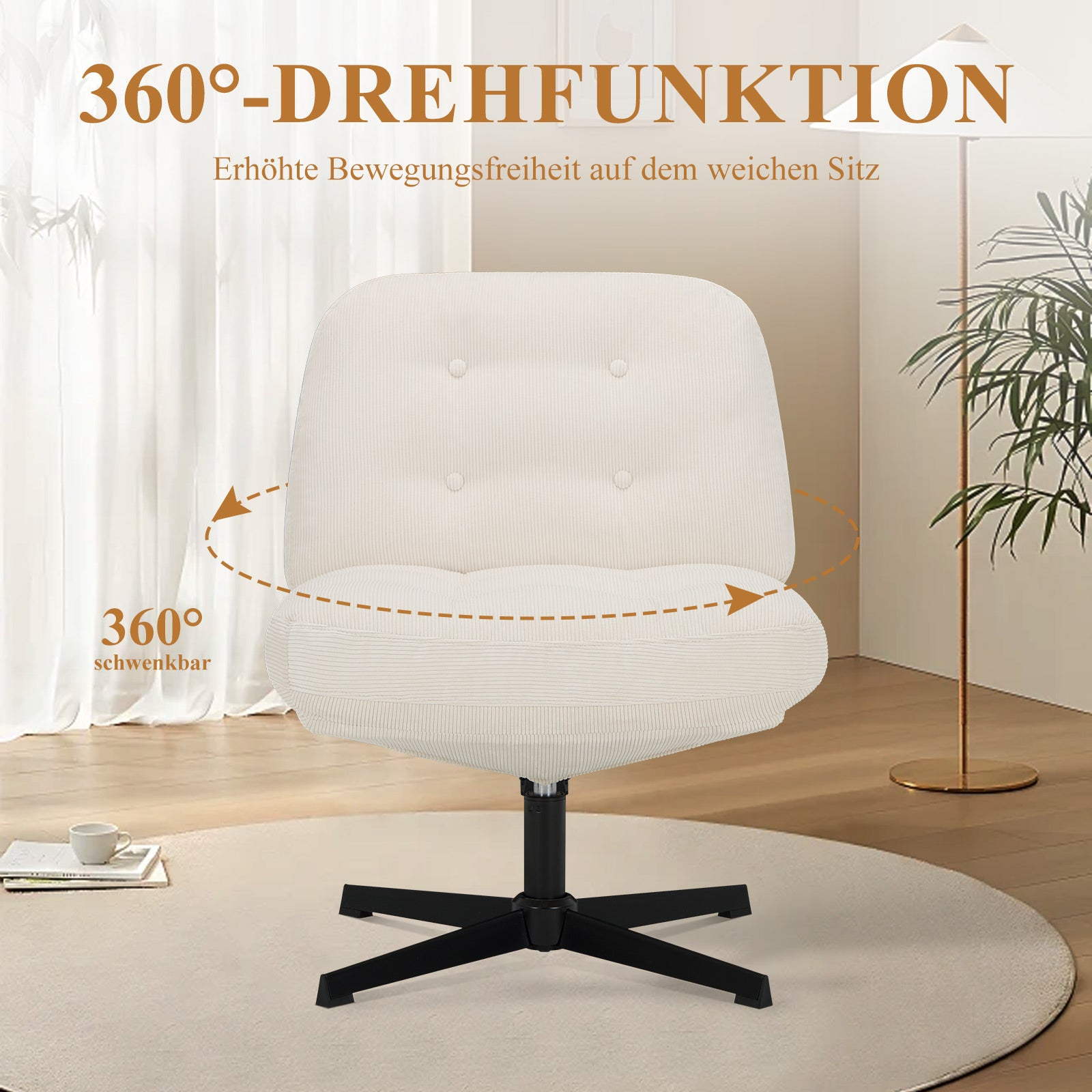 Ein weißer Drehstuhl mit gepolsterter Rückenlehne auf einem runden Teppich.