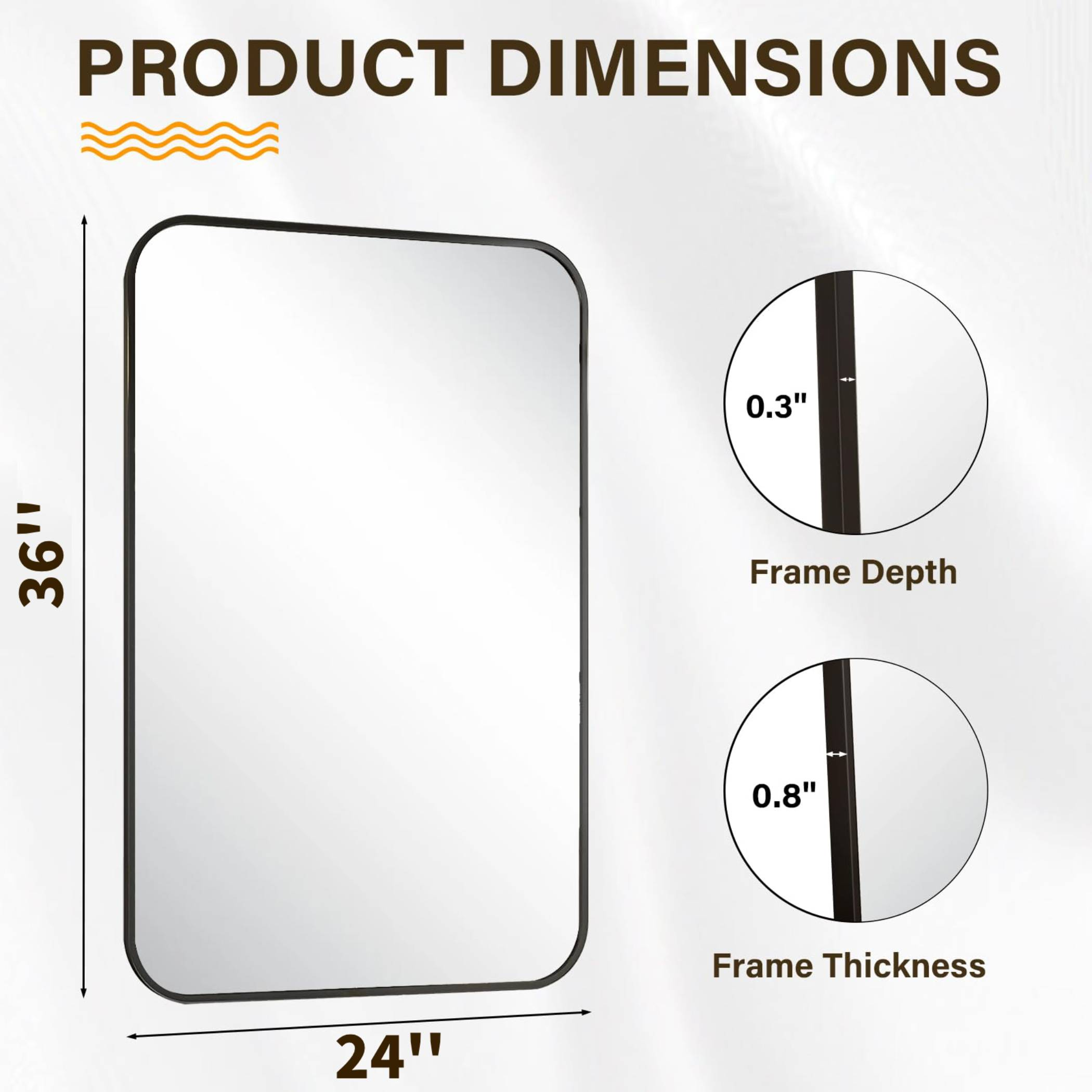 Produktabmessungen: 36" Höhe, 24" Breite. Rahmentiefe 0,3", Dicke 0,8".