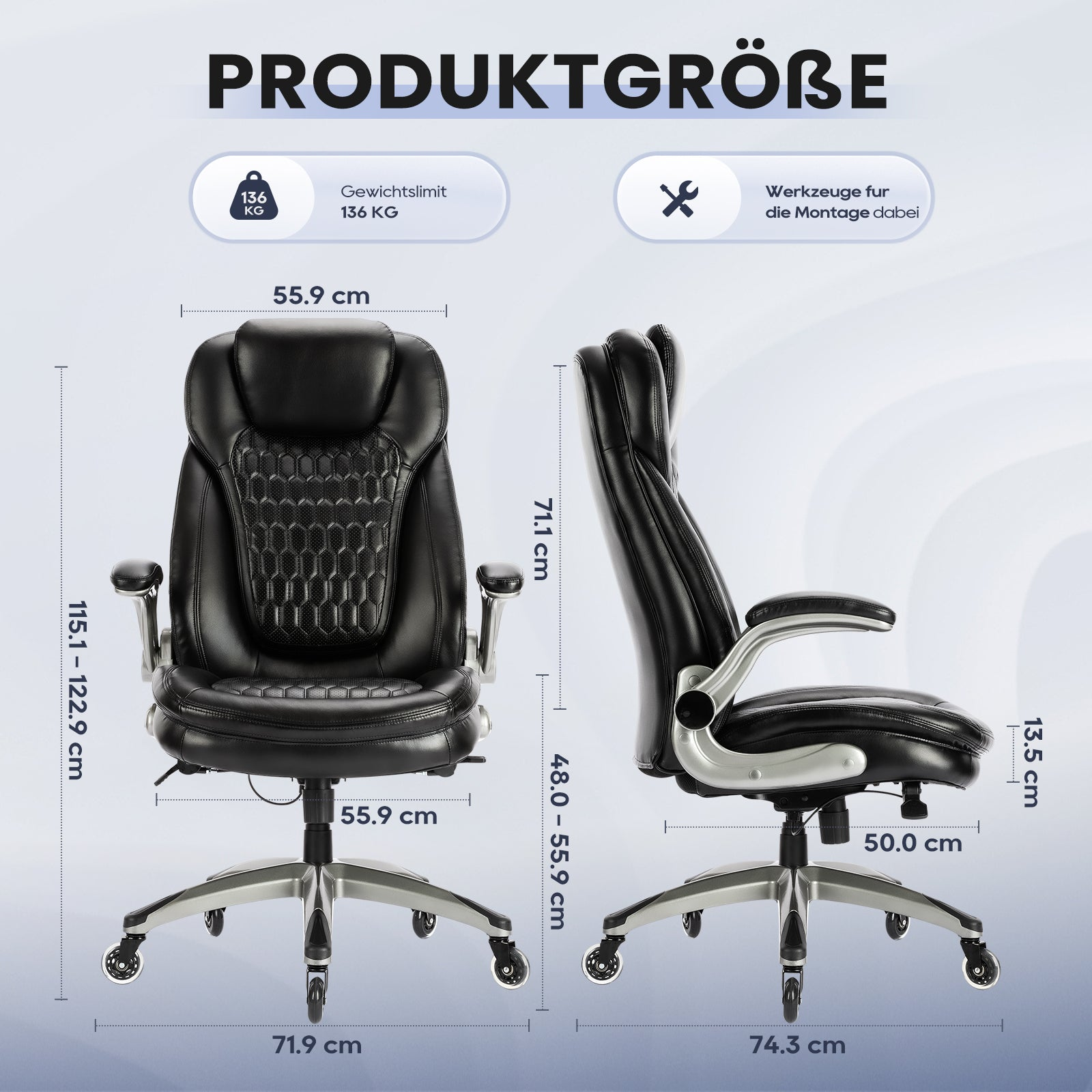 Schwarzer Bürostuhl mit Maßen: Breite 55,9cm, Höhe 115,1-122,9cm, Tiefe 74,3cm.