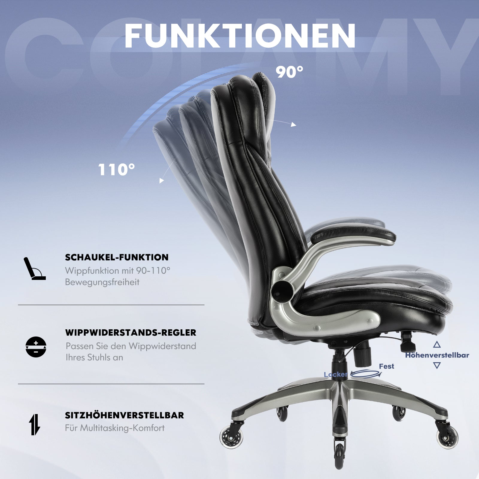 Schwarzer Bürostuhl mit verstellbarer Rückenlehne und Funktionen.