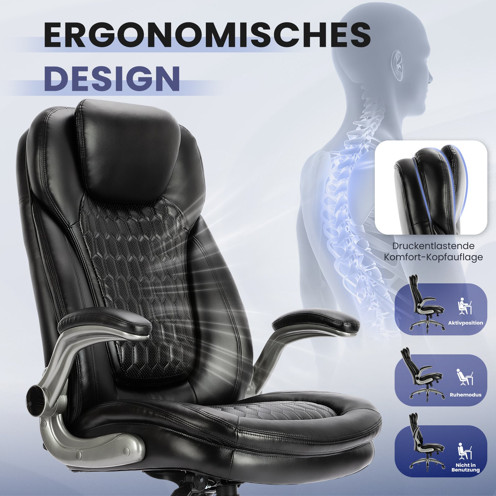 Schwarzer Bürostuhl mit ergonomischem Design und detaillierter Darstellung der Wirbelsäule.