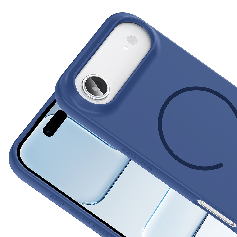 Beyaz arka plan üzerinde kamera kesimli ve dairesel tasarımlı mavi telefon kılıfı.