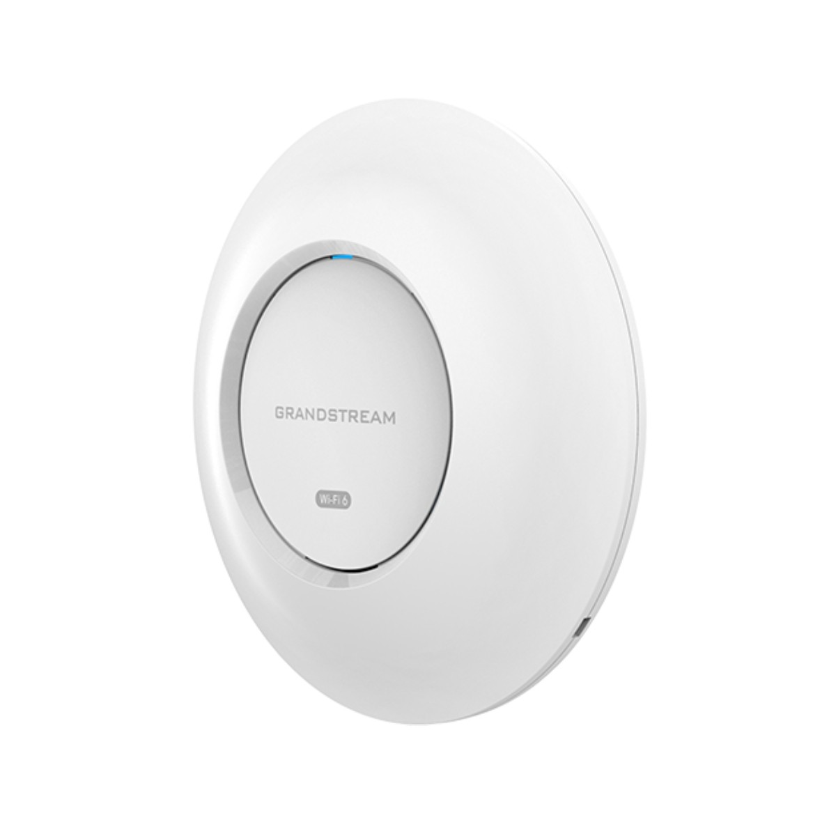 Un access point Grandstream Wi-Fi 6 bianco con luce blu.