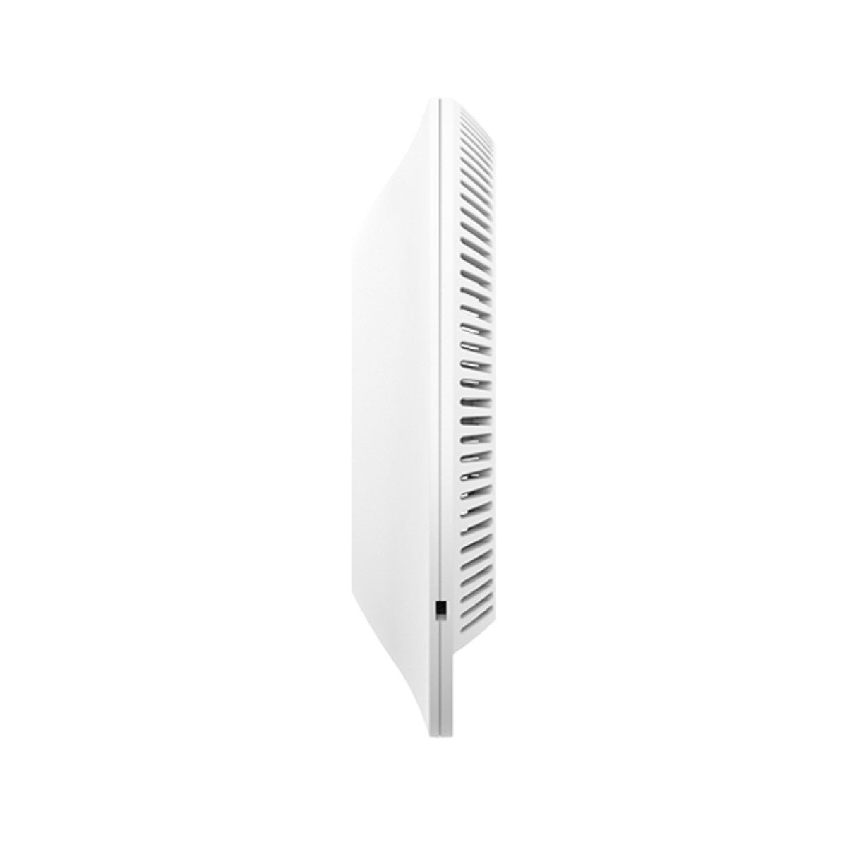 Un dispositivo bianco e sottile con fessure di ventilazione sul lato.