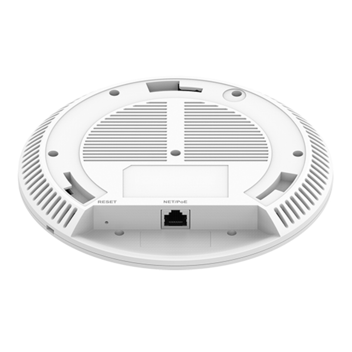 Parte superiore bianca e rotonda di un dispositivo con porte di reset e NET/PoE.
