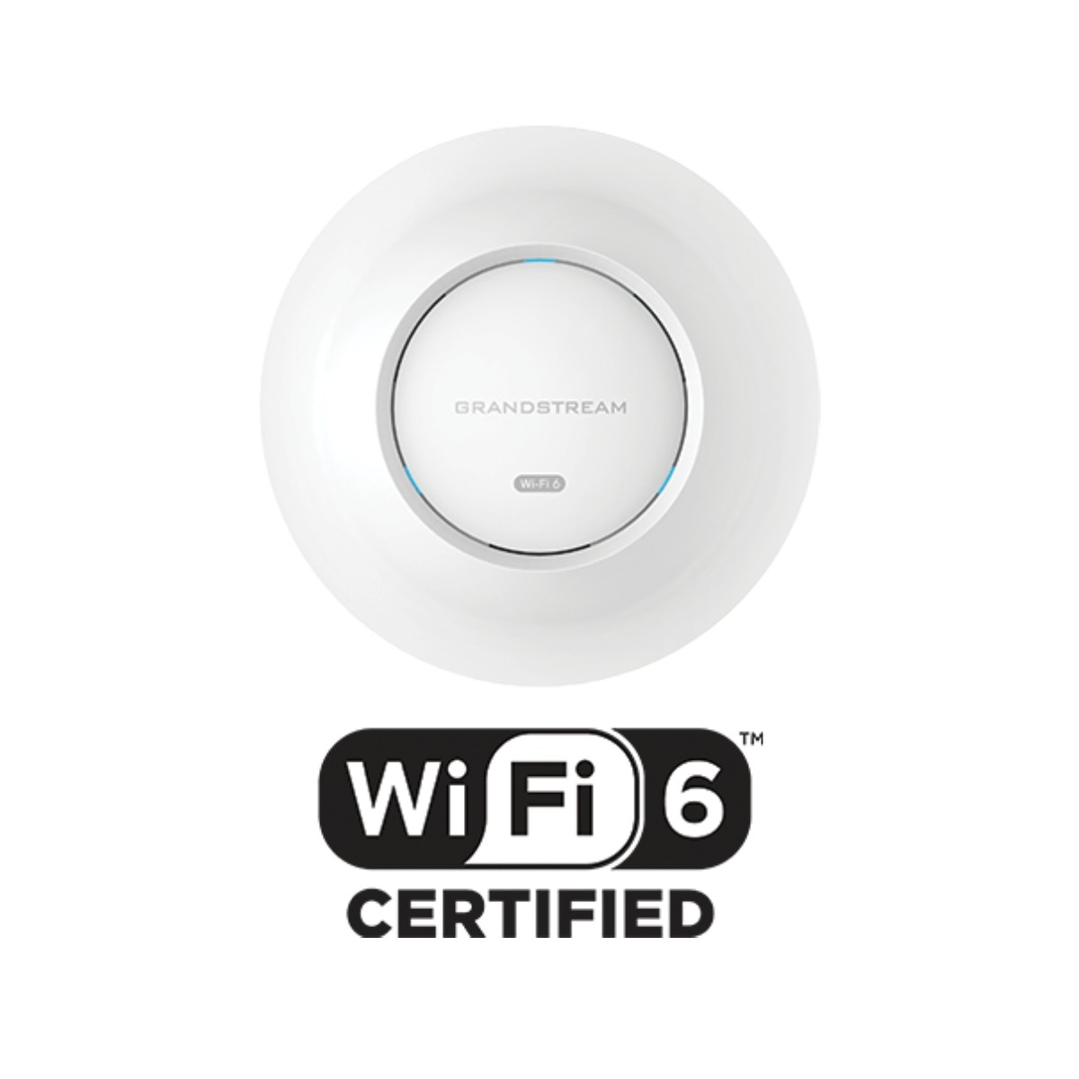 Un punto di accesso Grandstream Wi-Fi 6 bianco con logo di certificazione.