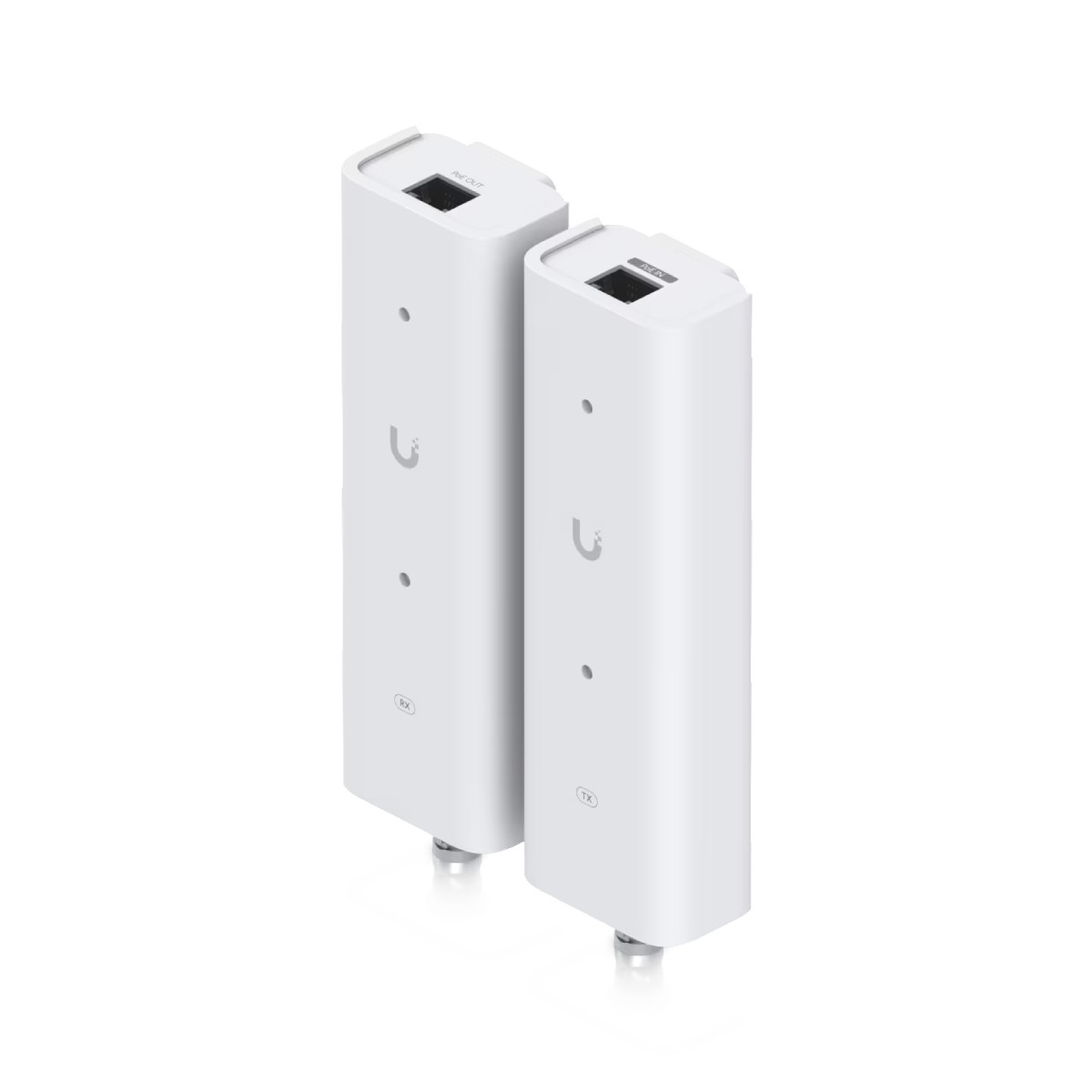 Due dispositivi bianchi con porte RJ45, uno etichettato RX, l'altro TX.