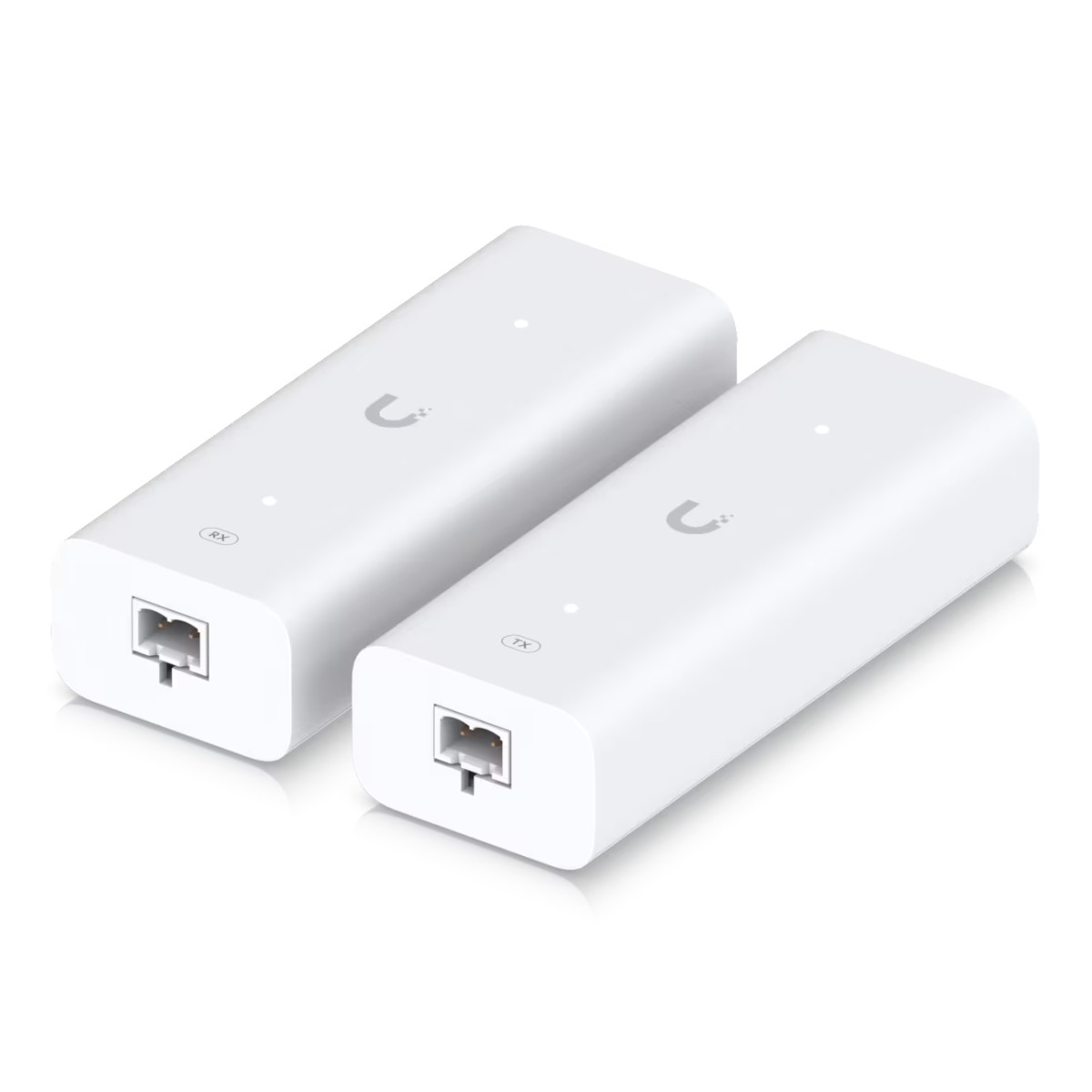 Due adattatori di rete bianchi con porte RJ45 ed etichette RX e TX.