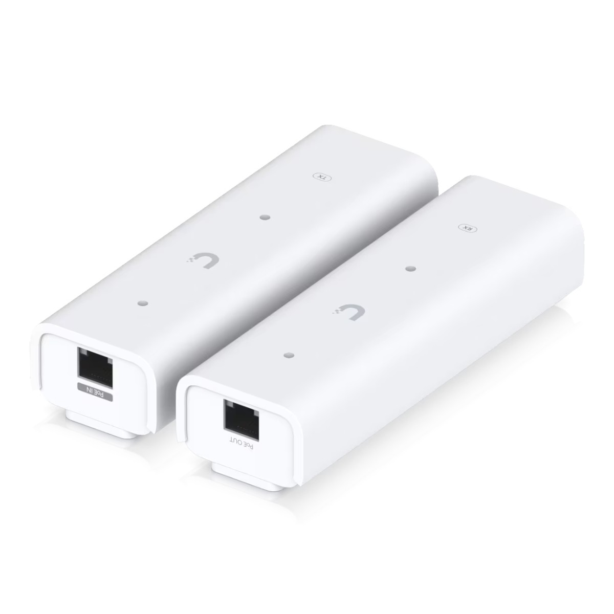 Due adattatori di rete bianchi, etichettati TX e RX, con porte per PoE In e PoE Out.
