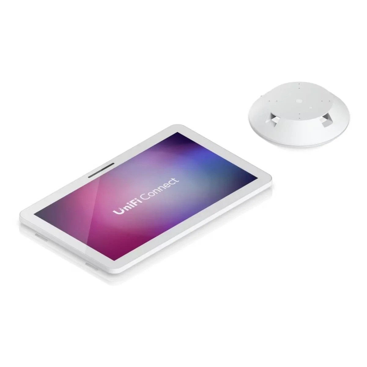 Tablet bianco mostra 'UniFi Connect' su schermo colorato accanto a dispositivo a cupola bianco.