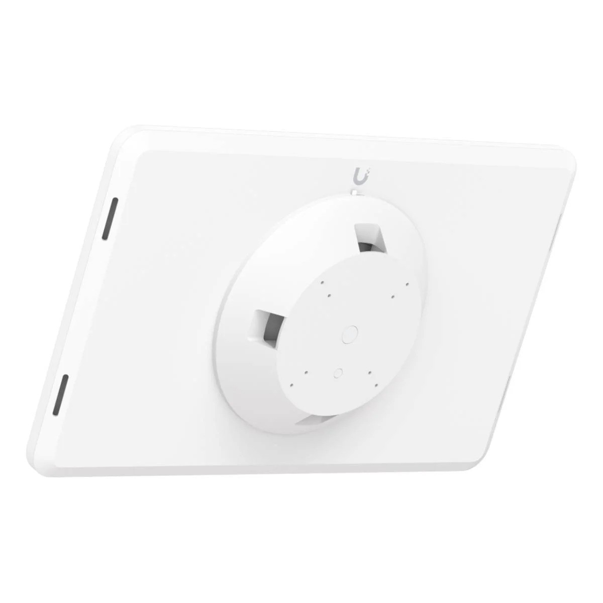 Retro di un tablet bianco con supporto rotondo e porta di ricarica.