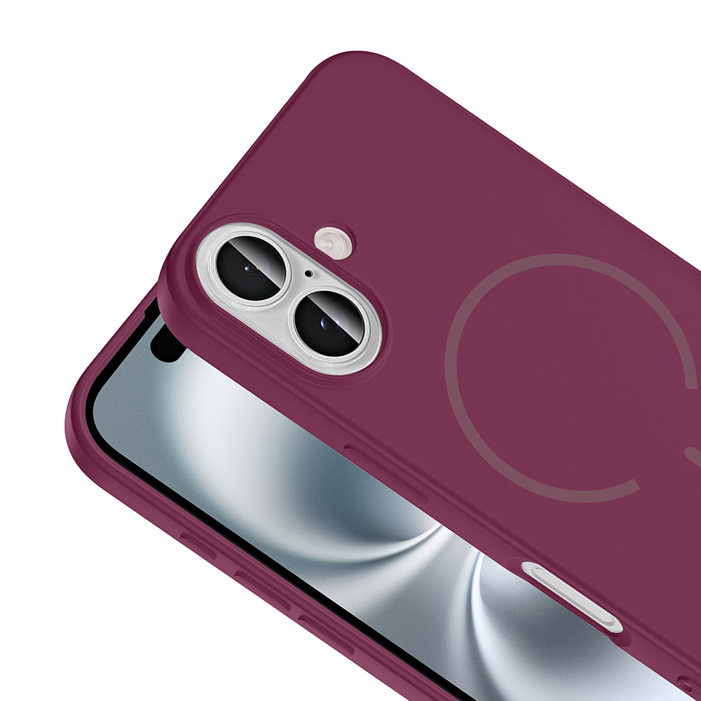 Çift kamera kesimli ve manyetik halkalı erik rengi telefon kılıfı.