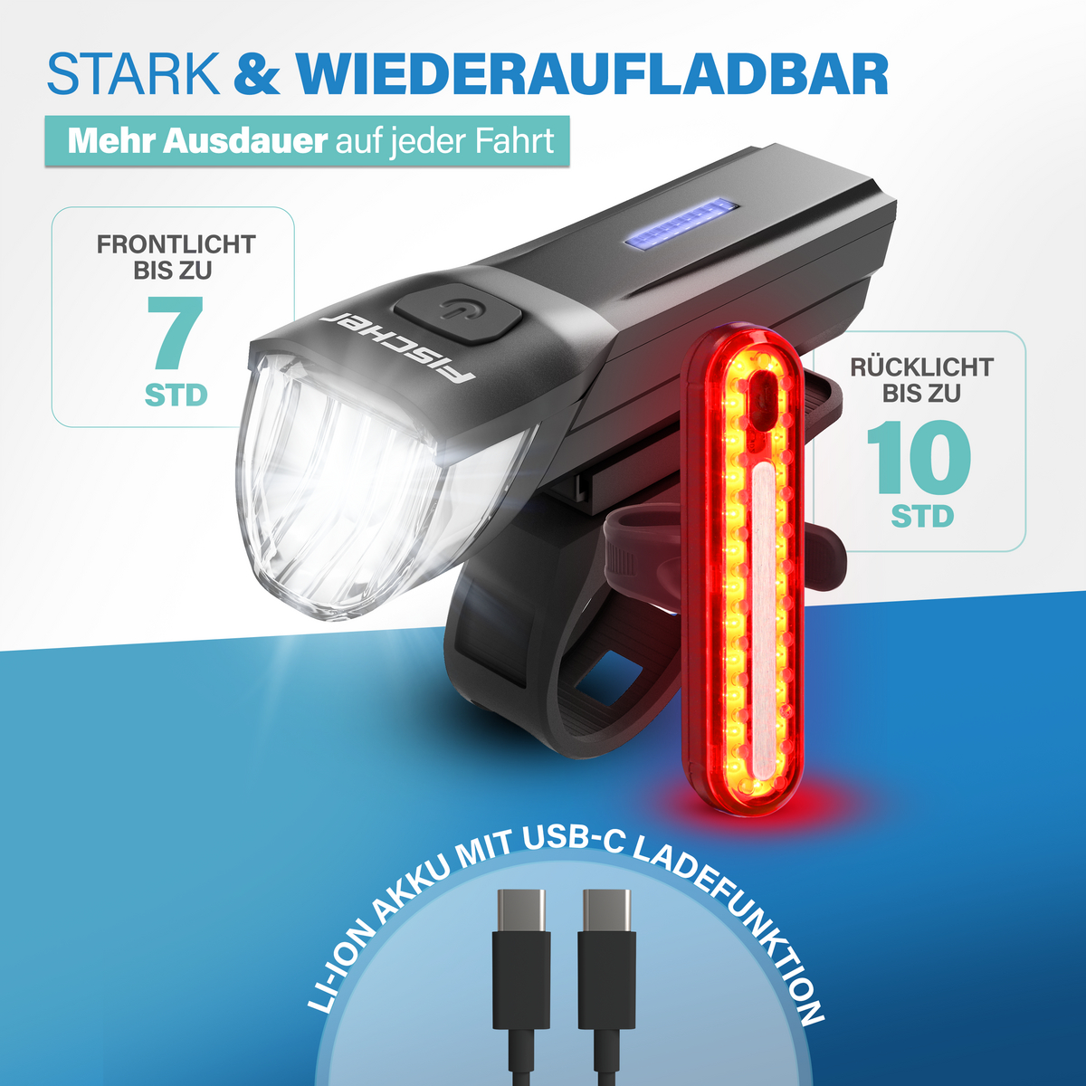 Starkes, wiederaufladbares Fahrradlicht-Set mit USB-C-Ladefunktion.
