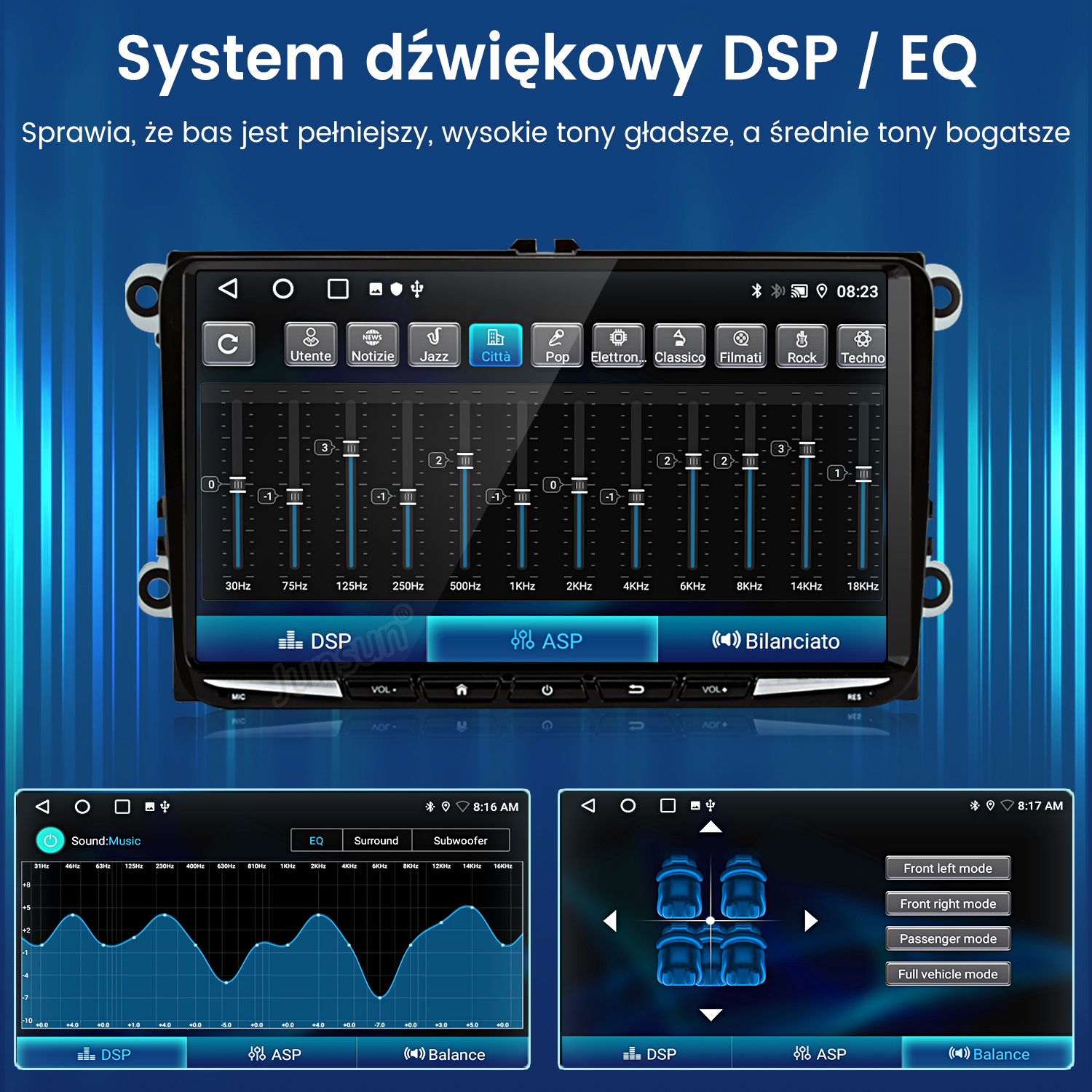 Obraz przedstawia radio samochodowe z ustawieniami DSP/EQ, krzywymi EQ i konfiguracją głośników.