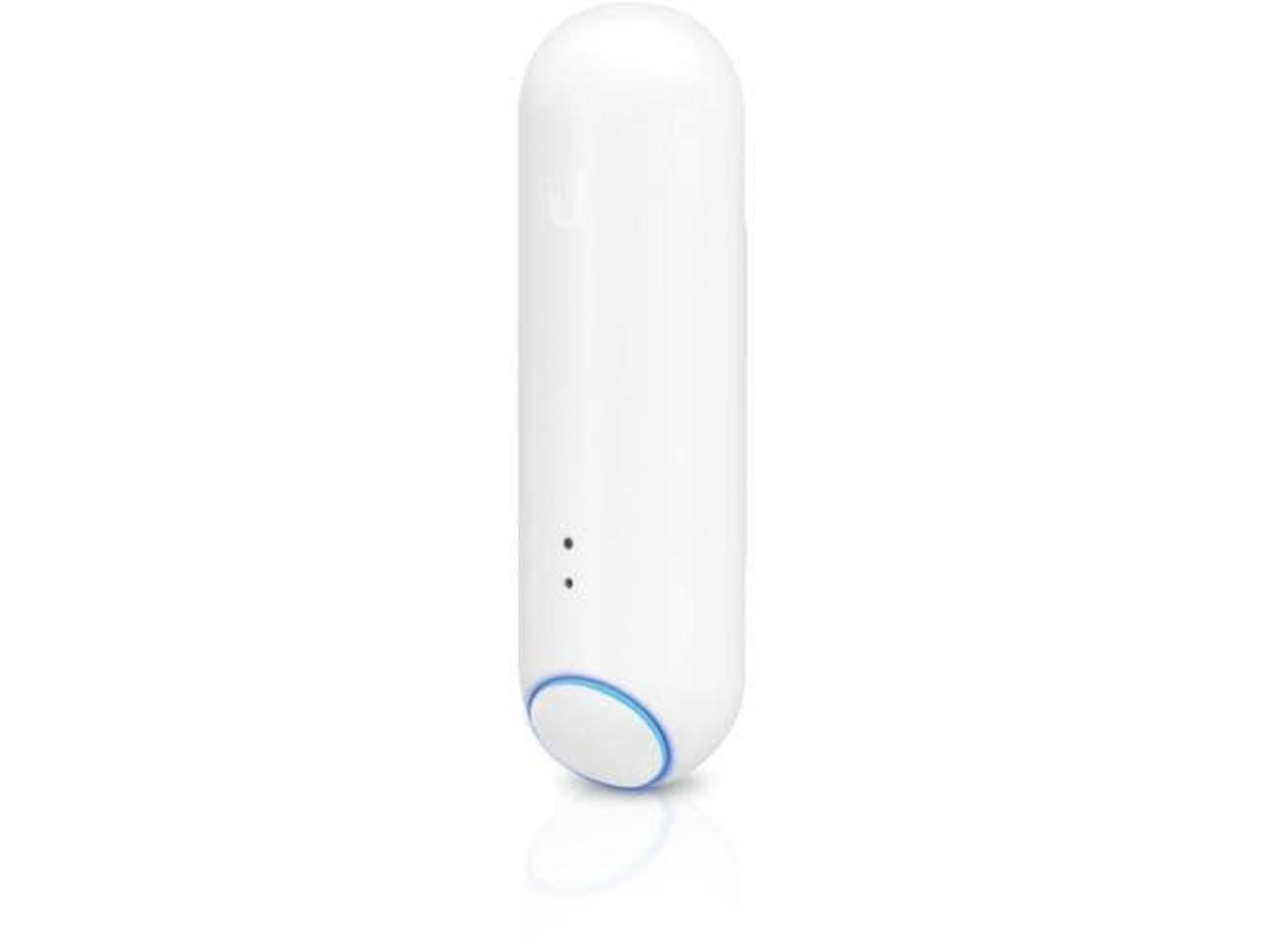 Un dispositivo bianco a forma di pillola con accenti blu e due punti.