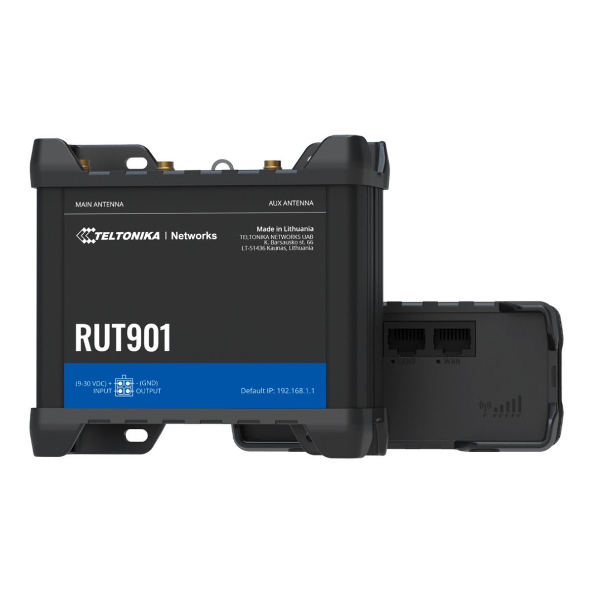 Un router Teltonika RUT901 nero con due porte antenna e porte Ethernet visibili.