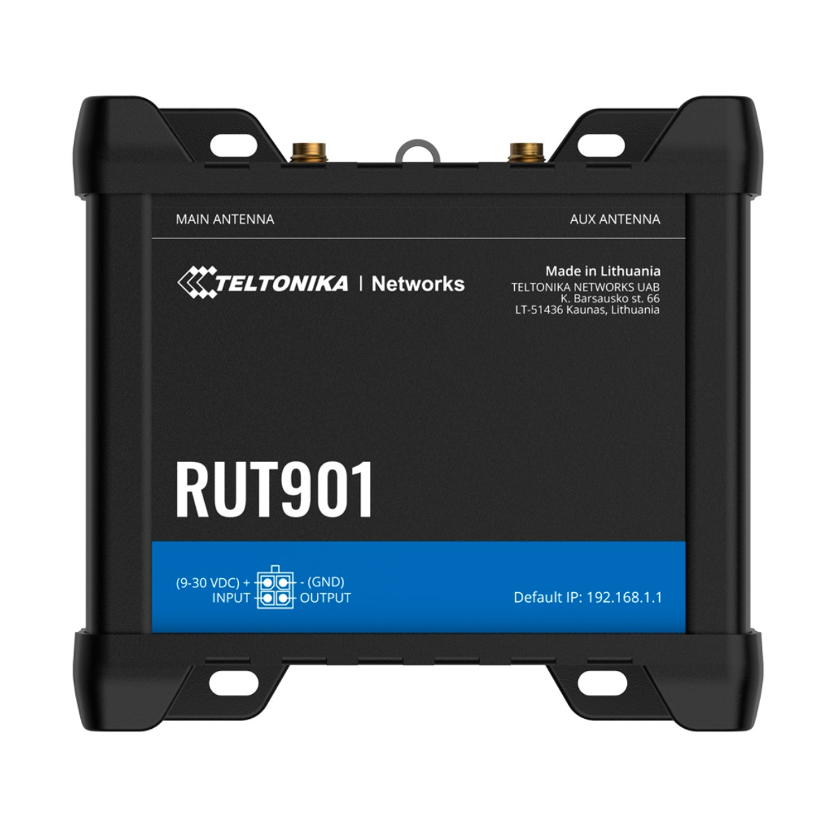 Scatola nera del router Teltonika RUT901 con porte per antenna ed etichettatura.