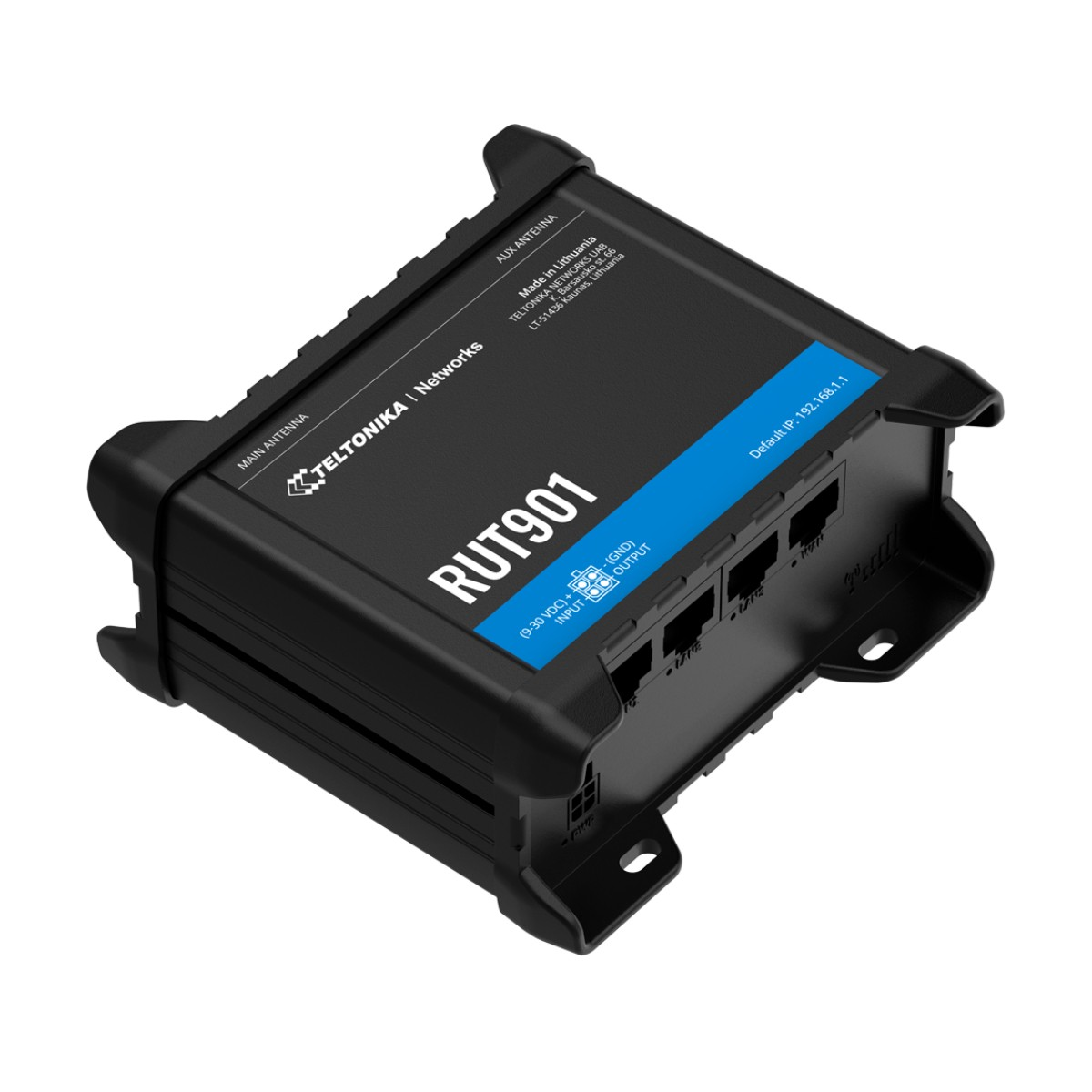 Un router nero Teltonika RUT901 con porte ed etichette.
