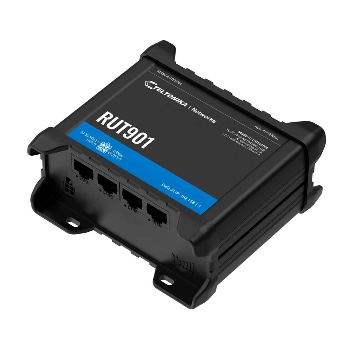 Un router nero Teltonika RUT901 con porte Ethernet ed etichette.