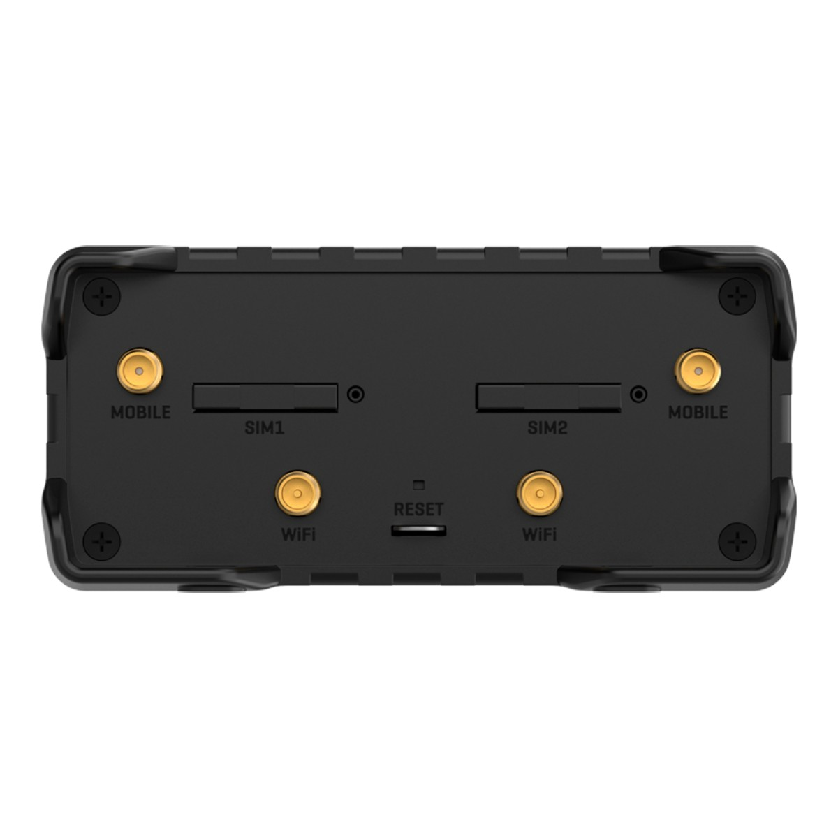Router nero con doppia SIM, WiFi, pulsante di reset e porte antenna mobile.