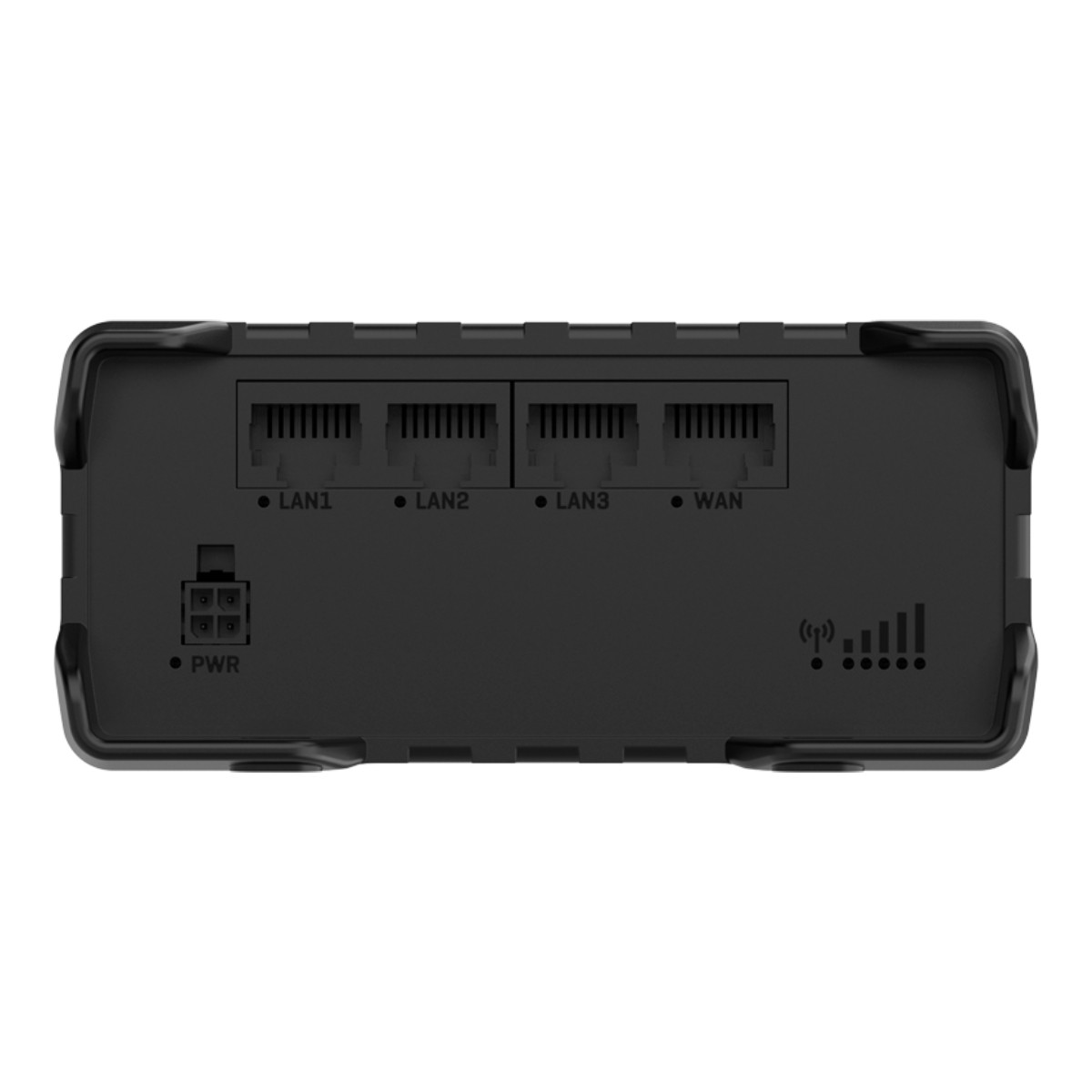 Router nero con 3 porte LAN, 1 porta WAN e connettore di alimentazione.
