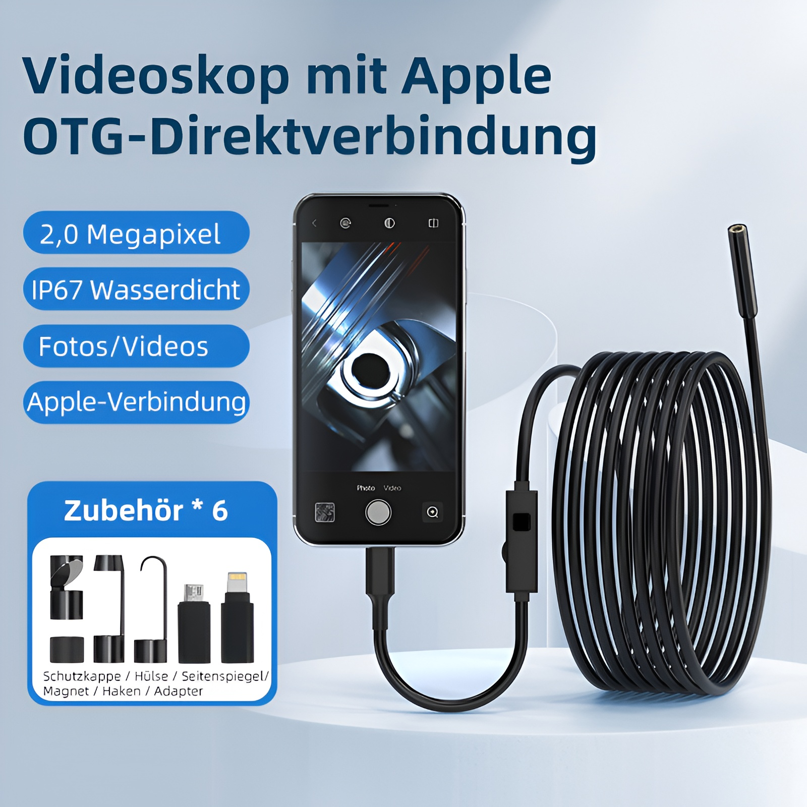 Videoskop mit Apple OTG-Verbindung, Zubehör und Smartphone.