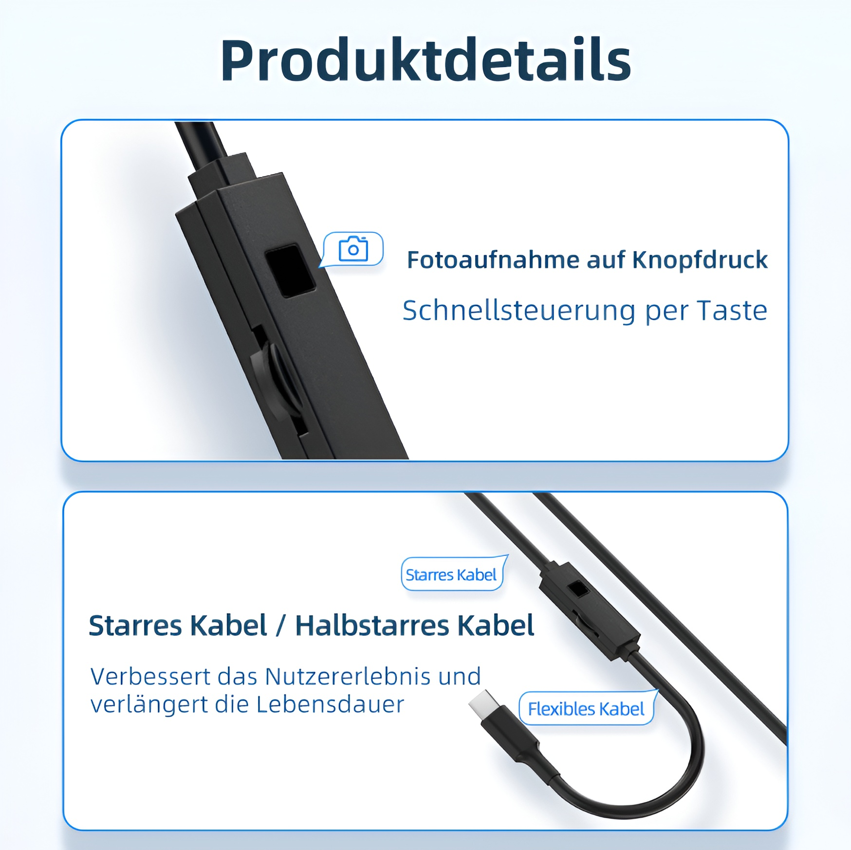 Nahaufnahme eines schwarzen Kabels mit USB-C-Stecker und Bedienelement.