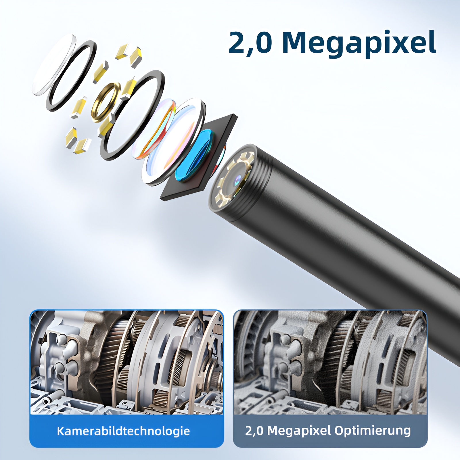 Explosionsansicht eines 2,0-Megapixel-Kamerasystems und interner Mechanik.
