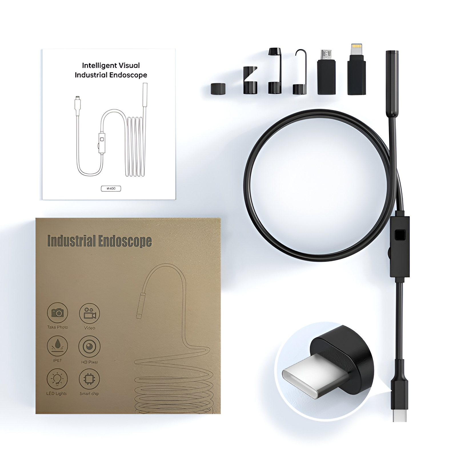 Ein intelligenter industrieller Endoskop-Kit mit Kabel, Zubehör und Anleitungen.
