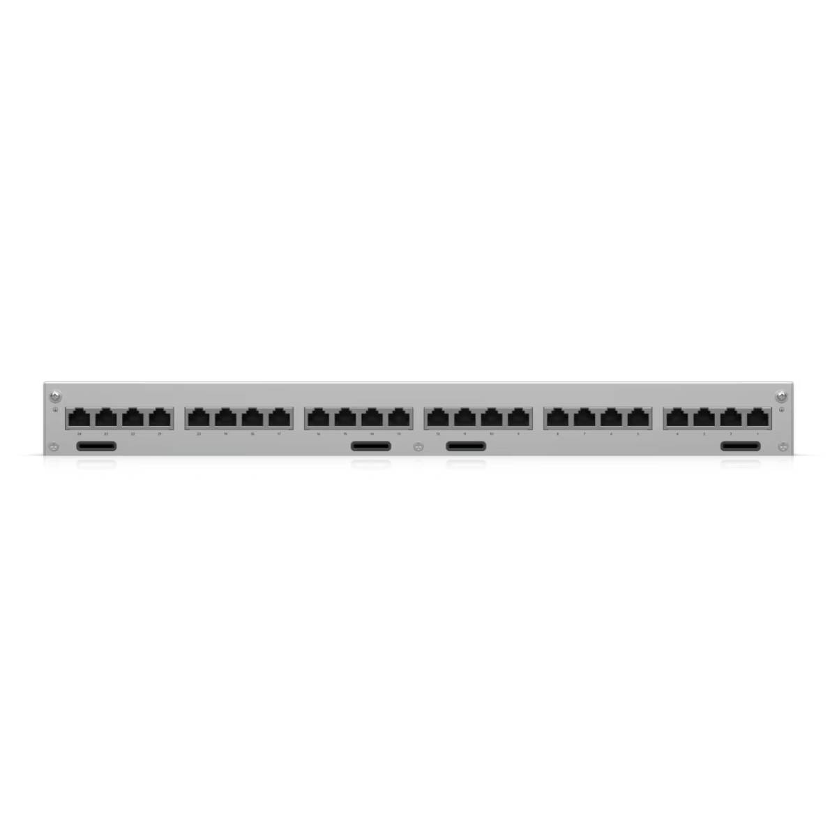 Dispositivo di rete argentato con 24 porte Ethernet e due porte USB-C.