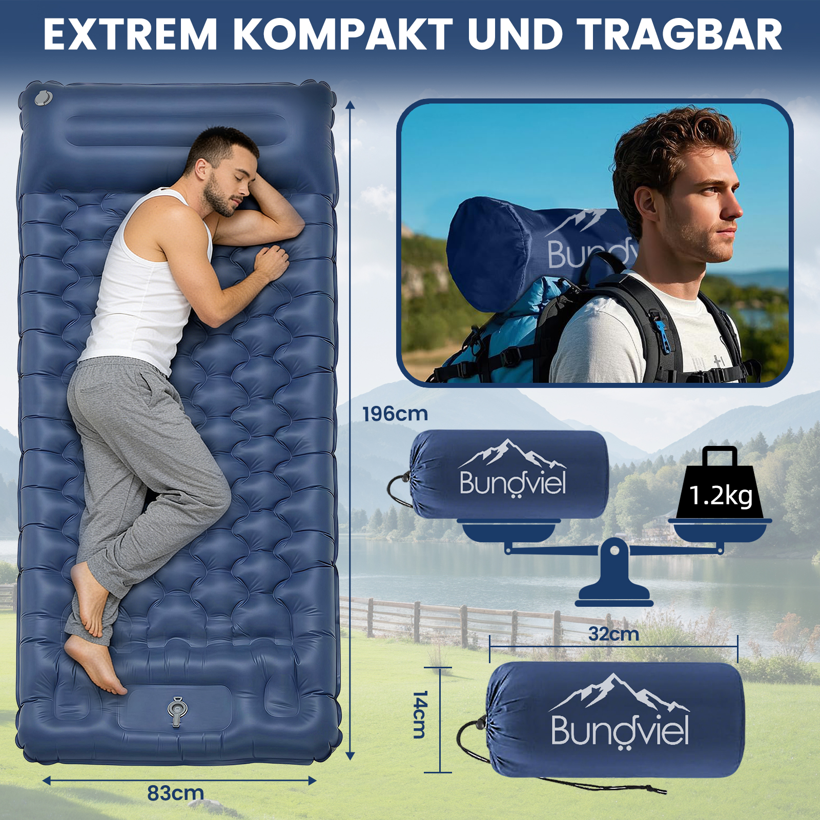 Ein Mann schläft auf einer blauen Luftmatratze. Daneben ein Rucksack und ein komprimiertes Kissen.