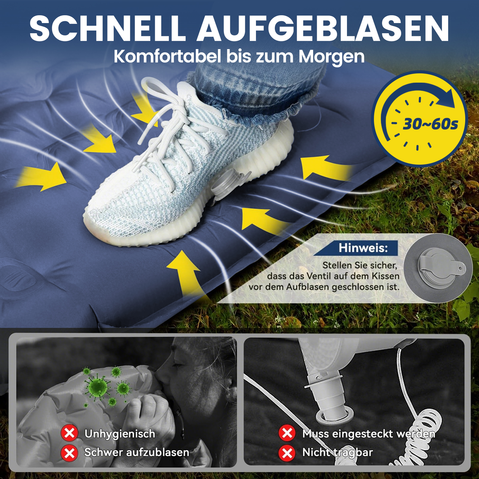 Luftmatratze wird schnell aufgeblasen mit einem Schuh. 30-60s Zeitangabe.