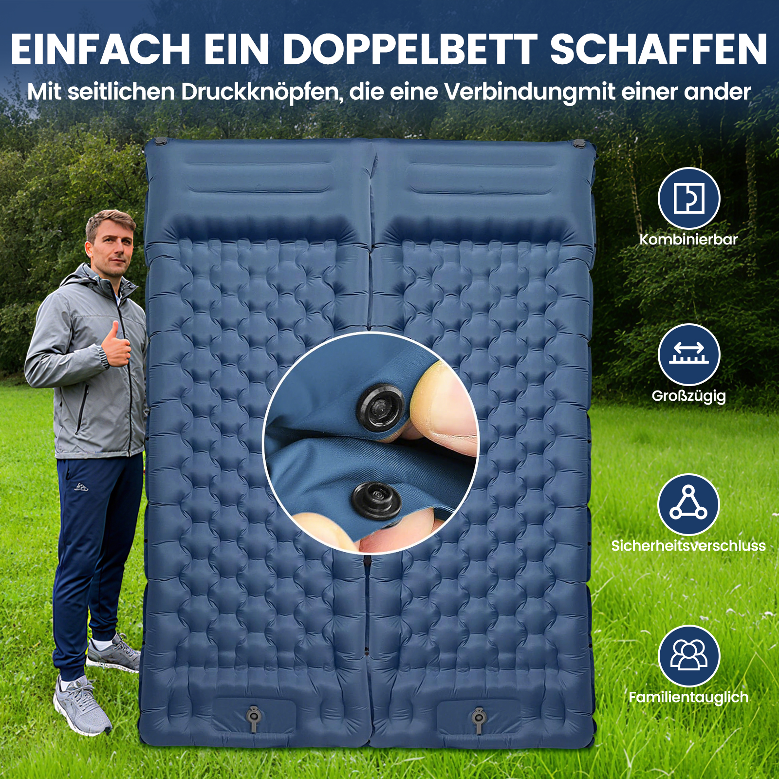 Mann steht neben blauem Doppel-Luftbett mit Druckknöpfen und Icons.