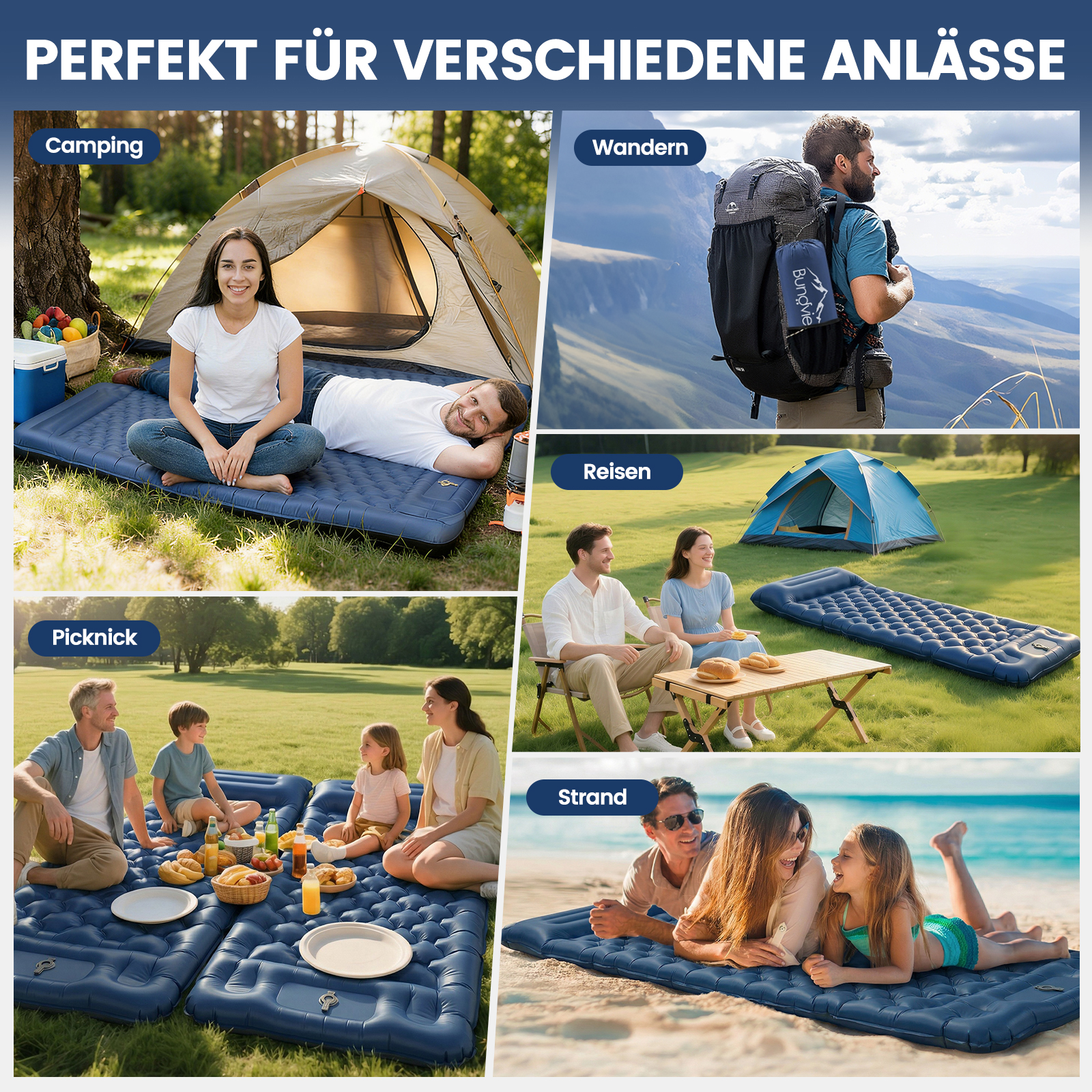 Collage zeigt Camping, Wandern, Reisen, Picknick und Strand.