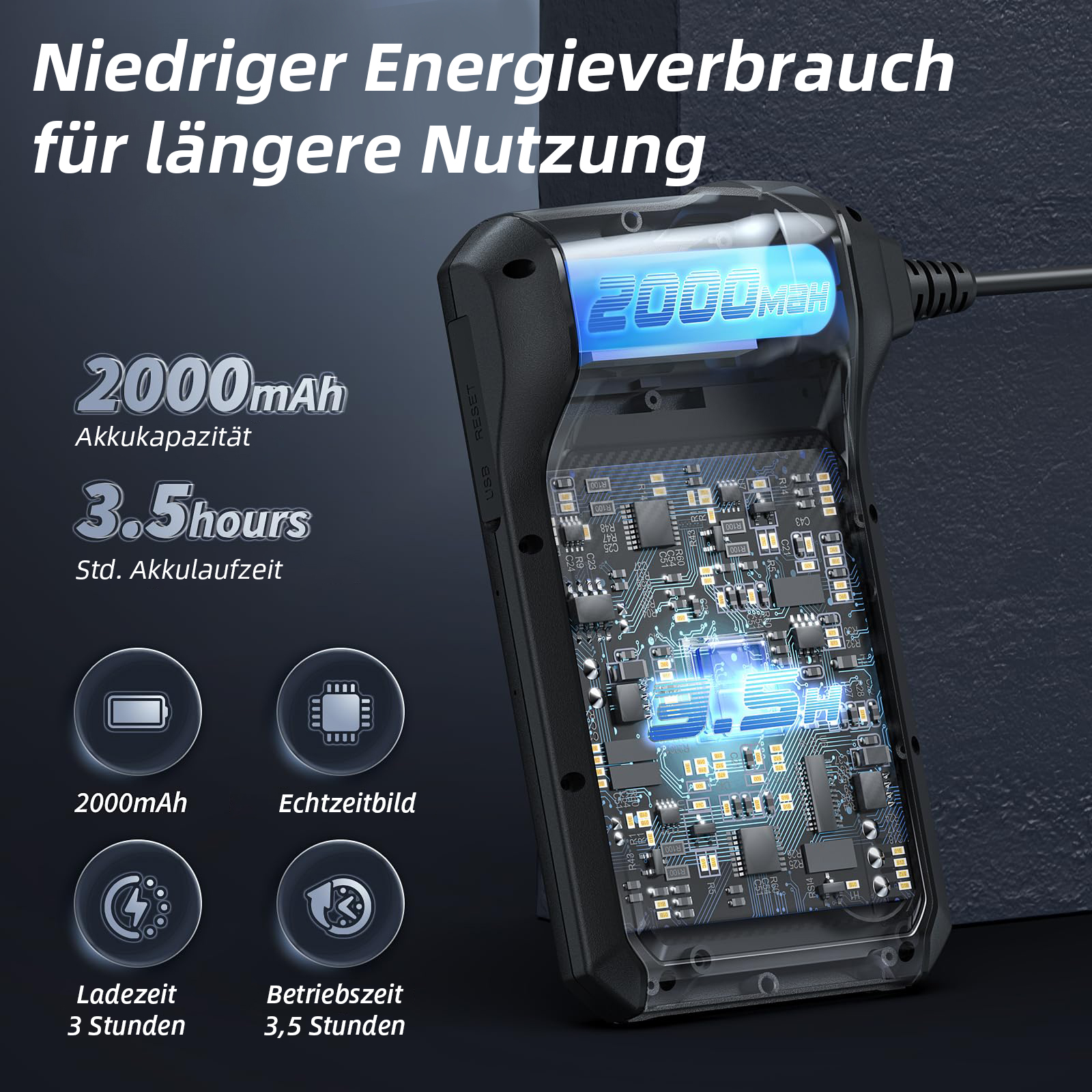 Ein transparentes Gehäuse zeigt eine Leiterplatte mit 2000 mAh und 3,5 Stunden Laufzeit.