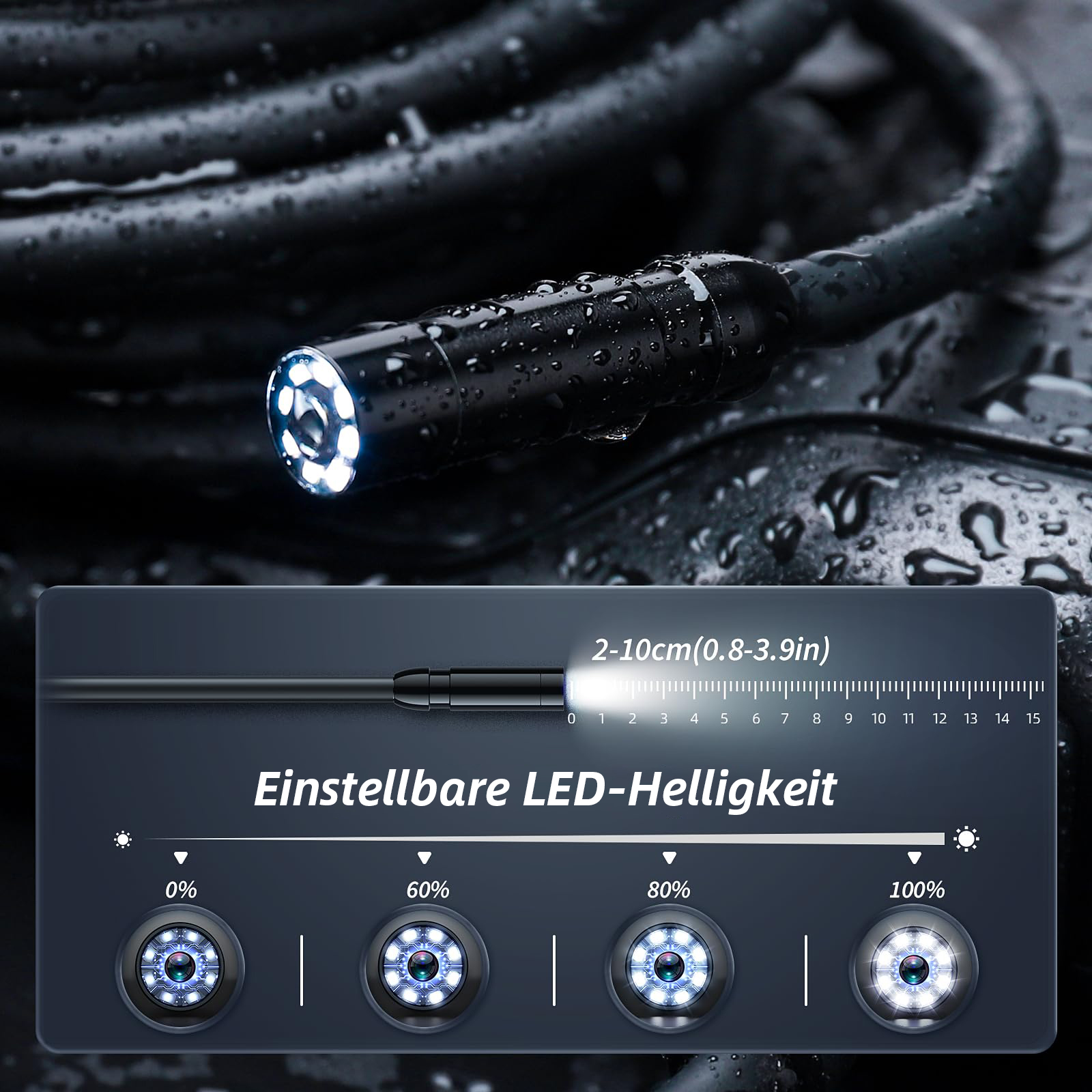 Ein Endoskop mit beleuchtetem Kopf, Skala und LED-Helligkeitsregler.