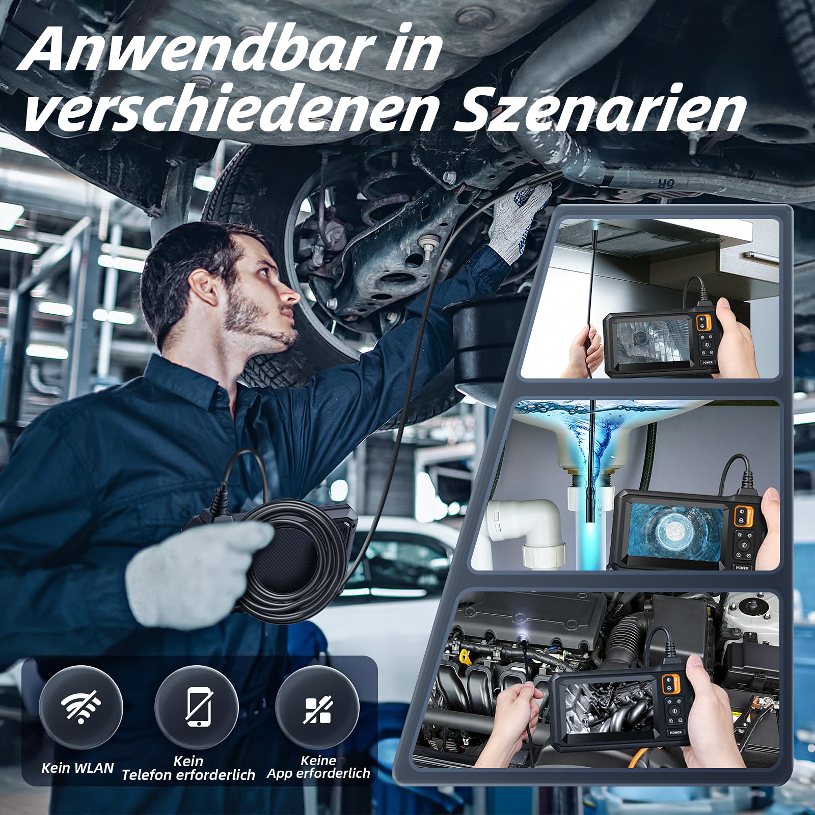 Mechaniker prüft Auto; Einhand-Endoskop in Spülbecken, Motor und Küche.
