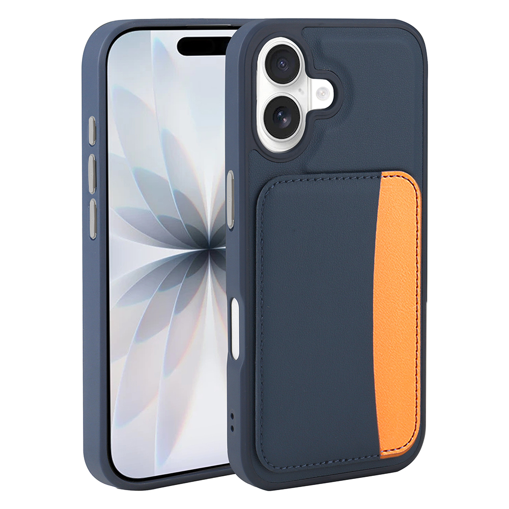 Turuncu kart yuvalı ve kamera kesimli lacivert telefon kılıfı.