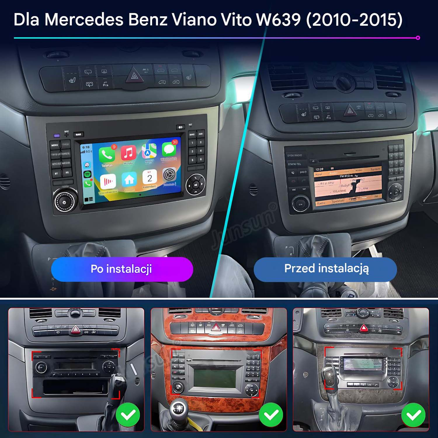Porównanie dwóch radioodtwarzaczy samochodowych w Mercedes Viano Vito W639: przed i po instalacji.
