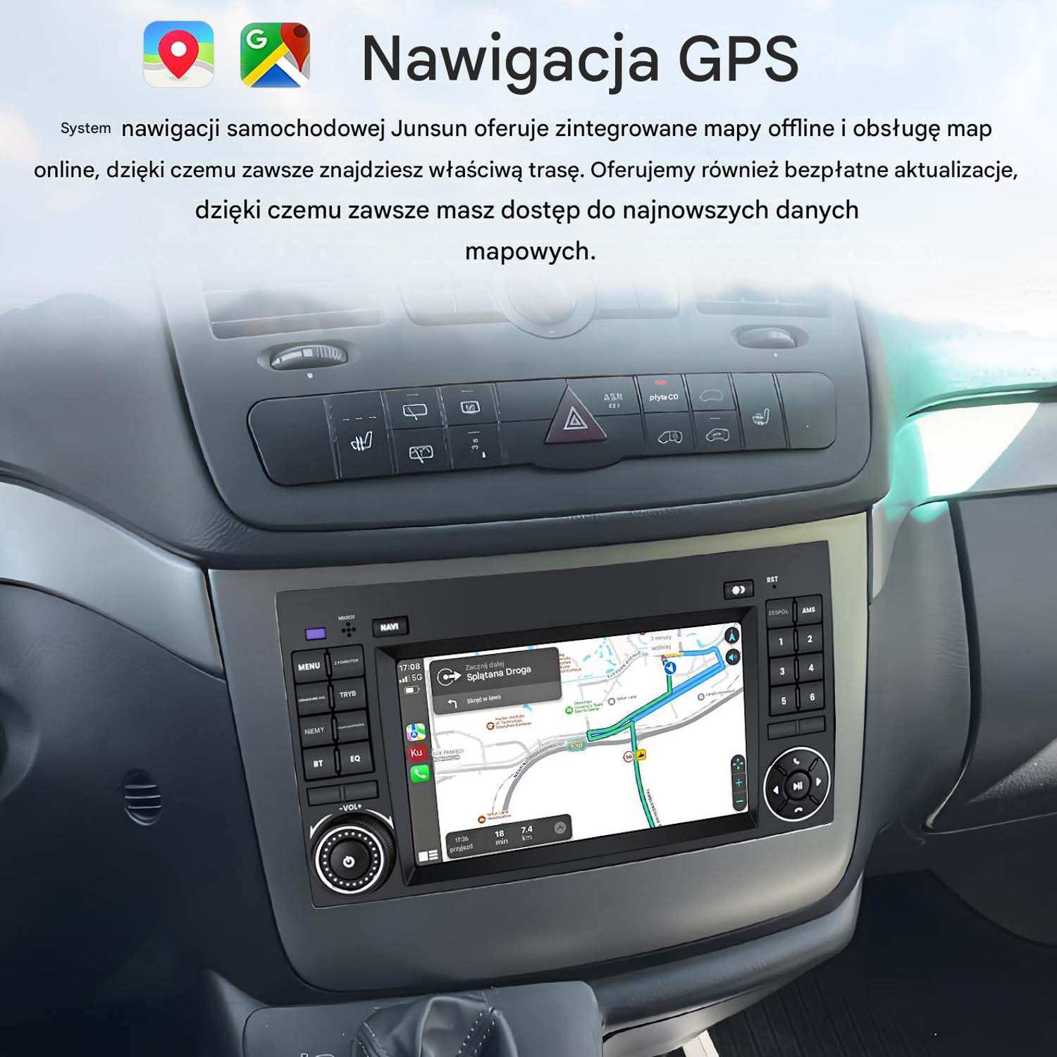 Deska rozdzielcza samochodu z systemem nawigacji GPS wyświetlającym mapę.