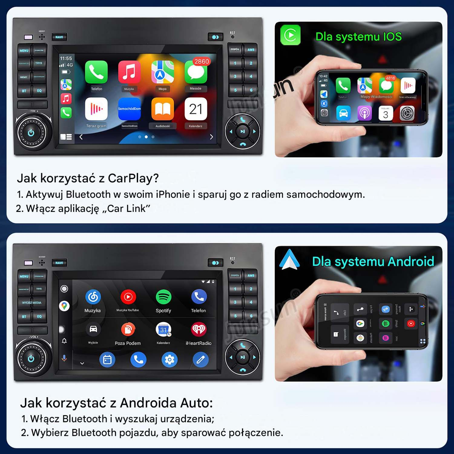 System infotainment samochodu pokazuje aplikacje na iOS i Android. Instrukcje dla CarPlay i Android Auto.
