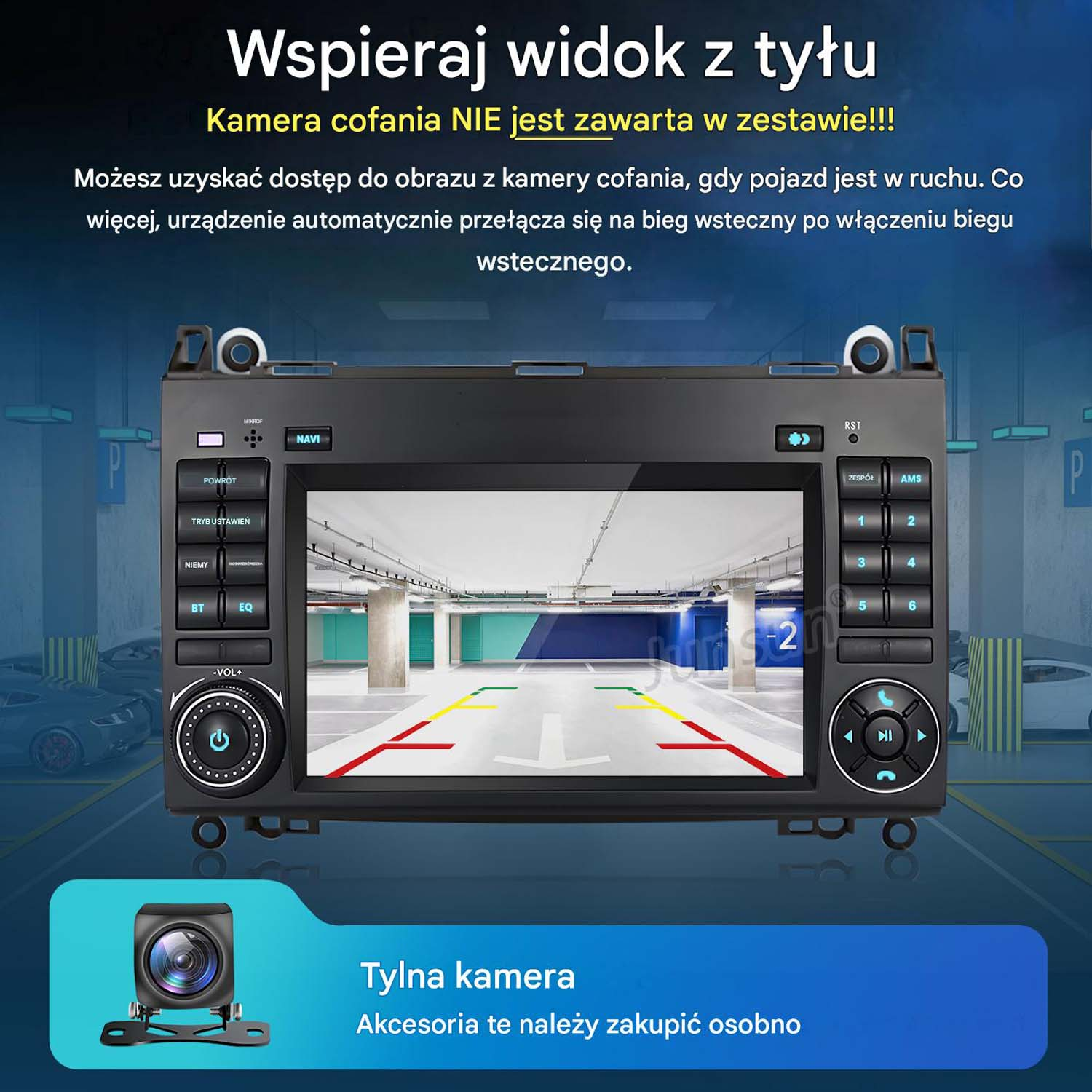 Radio samochodowe pokazuje widok parkingu z liniami. Widoczna kamera cofania.