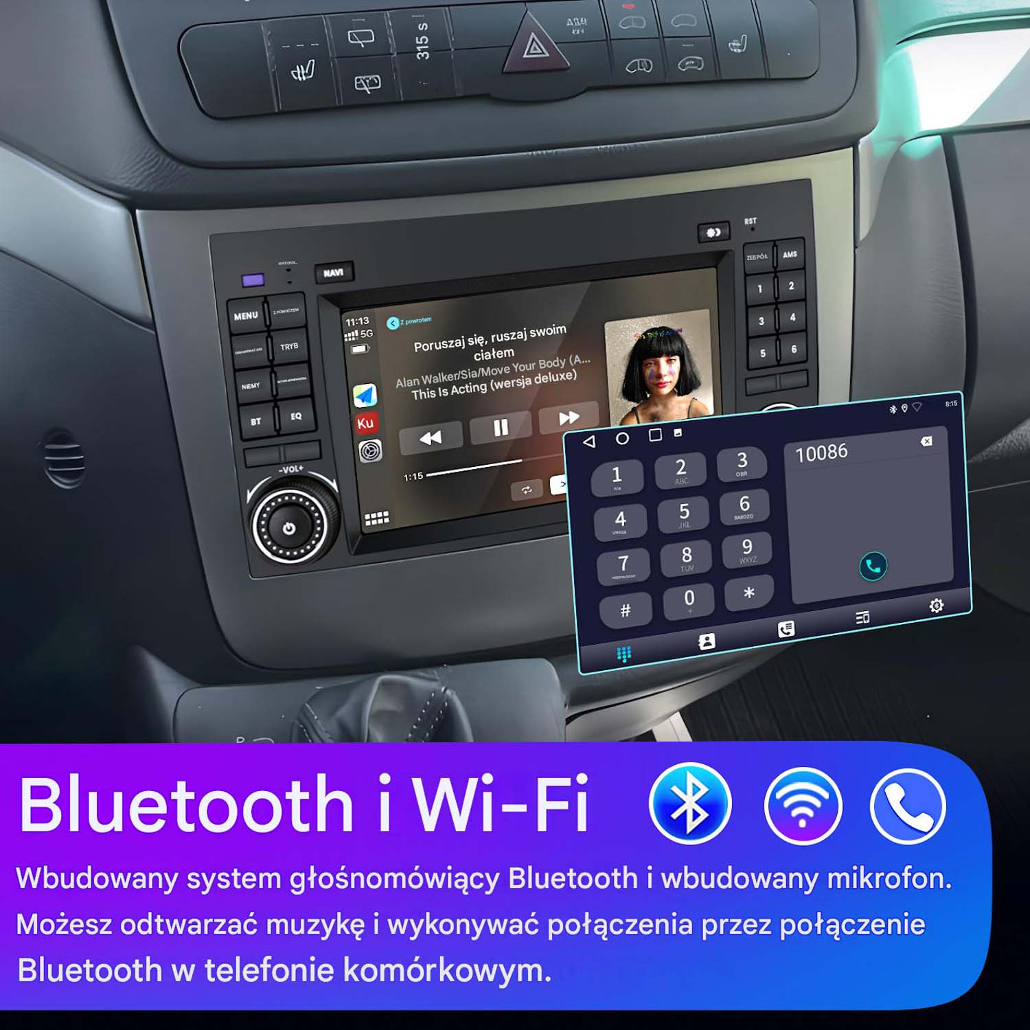 Radio samochodowe z ekranem dotykowym wyświetlające muzykę i klawiaturę numeryczną. Ikony Bluetooth i Wi-Fi poniżej.
