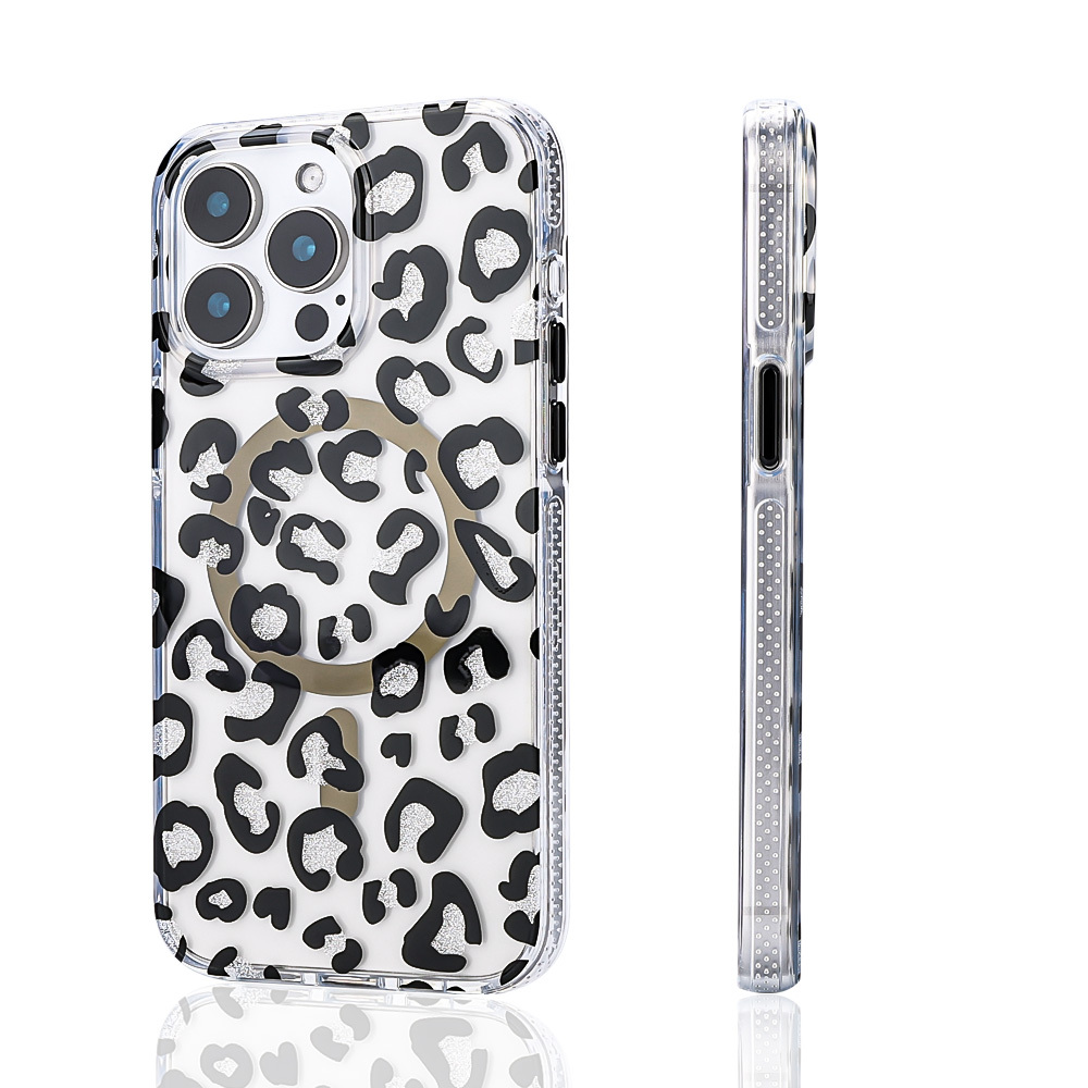 Şeffaf telefon kılıfı, siyah leopar desenli ve sim detaylıdır.