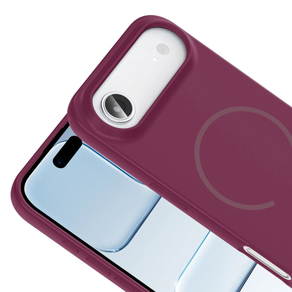 Kamera kesimi ve halkası olan mor telefon kılıfı, bir telefon üzerinde.